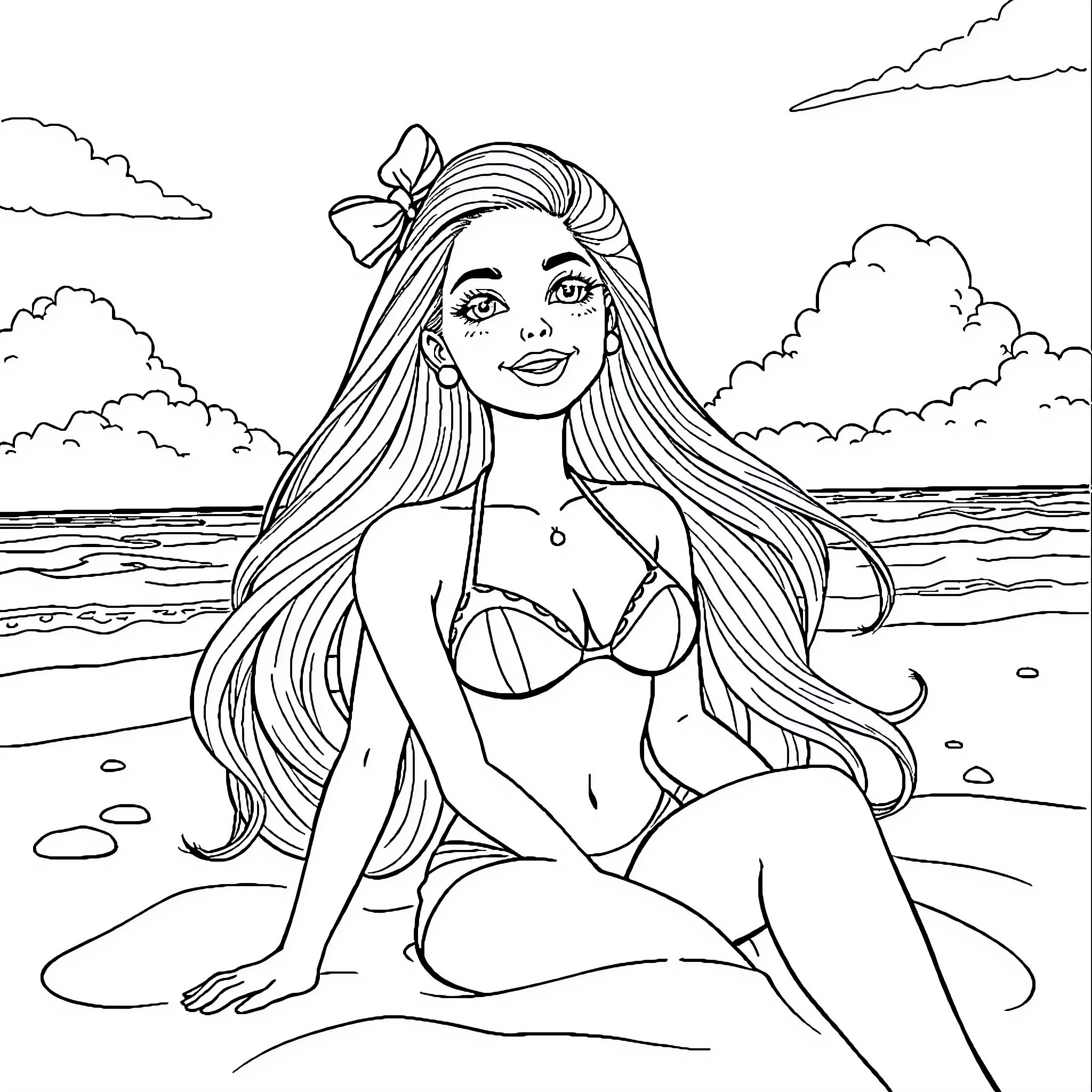 Barbie relaxing on the beach Coloring Page (free black-and-white line drawing printable PDF for all, from beginners to advanced learners, including children, teens, adults, and seniors)