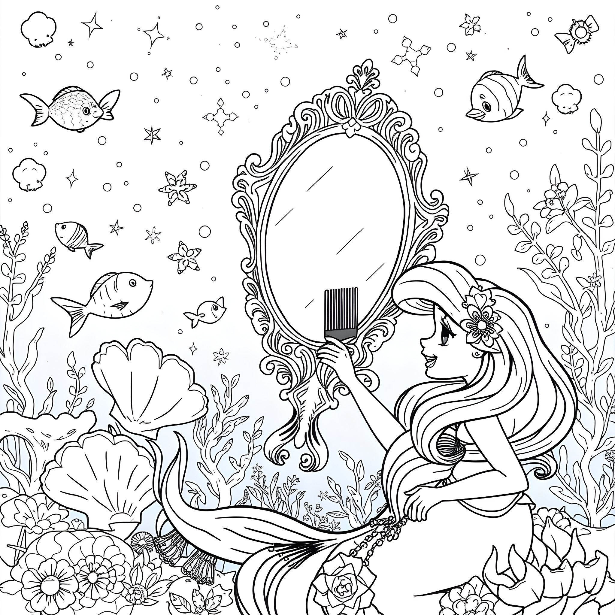 Mermaid gazing at herself in a decorative mirror underwater Coloring Page (free black-and-white line drawing printable PDF for all, from beginners to advanced learners, including children, teens, adults, and seniors)