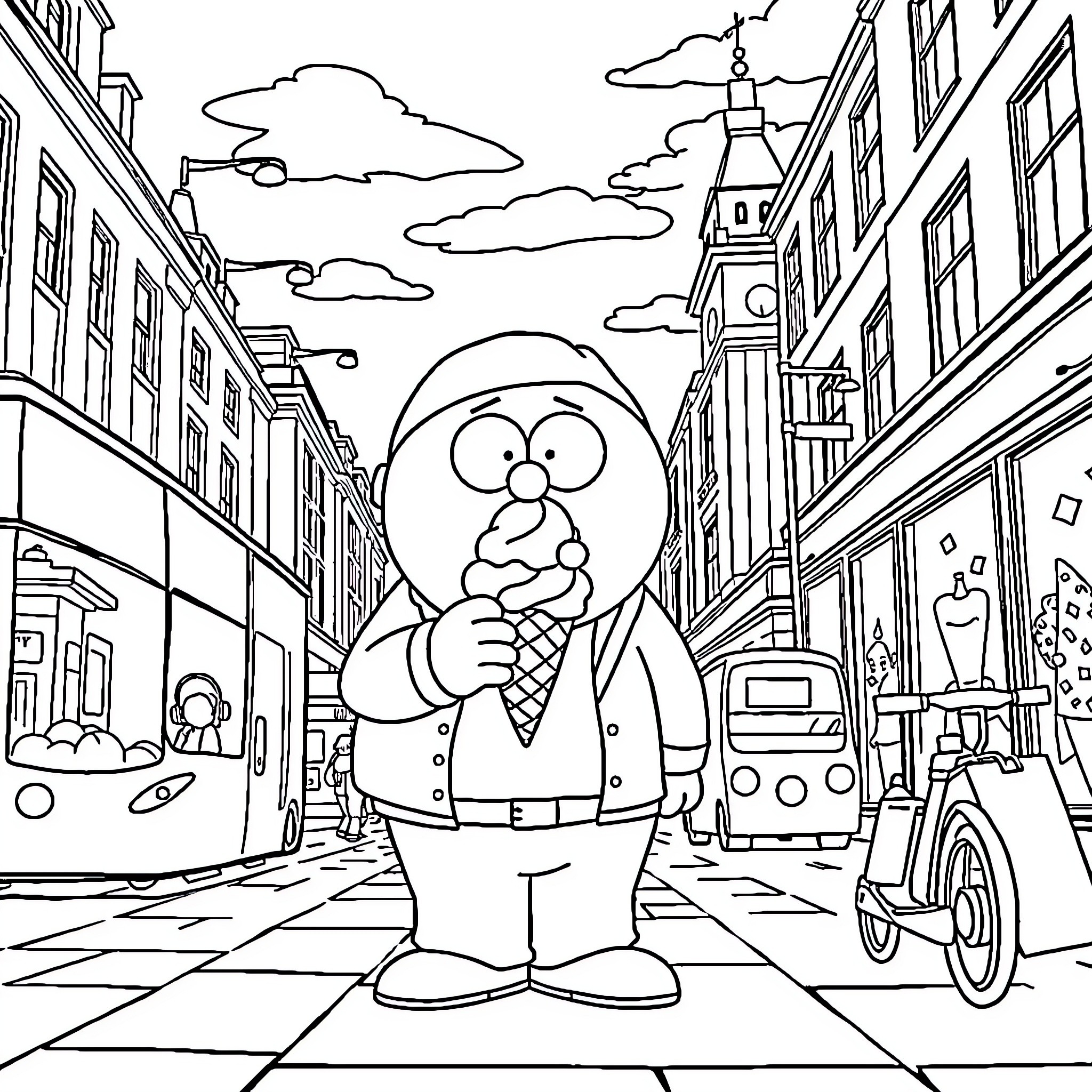 Cartman enjoying a day out in the city Coloring Page (free black-and-white line drawing printable PDF for all, from beginners to advanced learners, including children, teens, adults, and seniors)