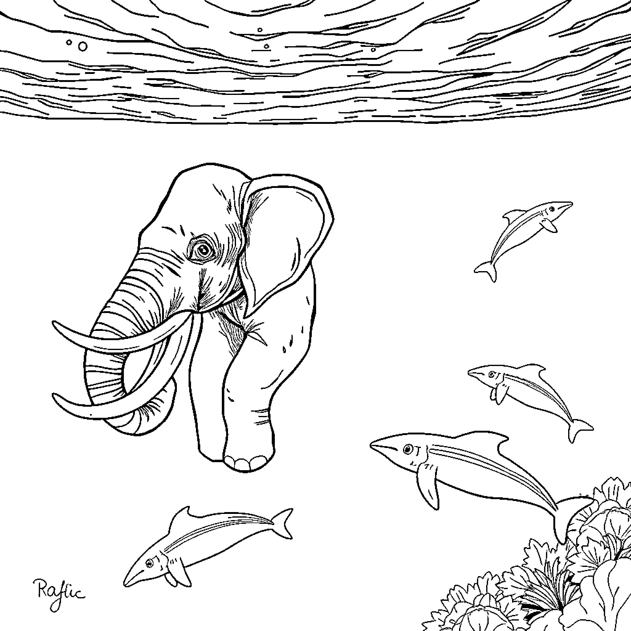 Elephant swimming with marine life Coloring Page (free black-and-white line drawing printable PDF for all, from beginners to advanced learners, including children, teens, adults, and seniors)