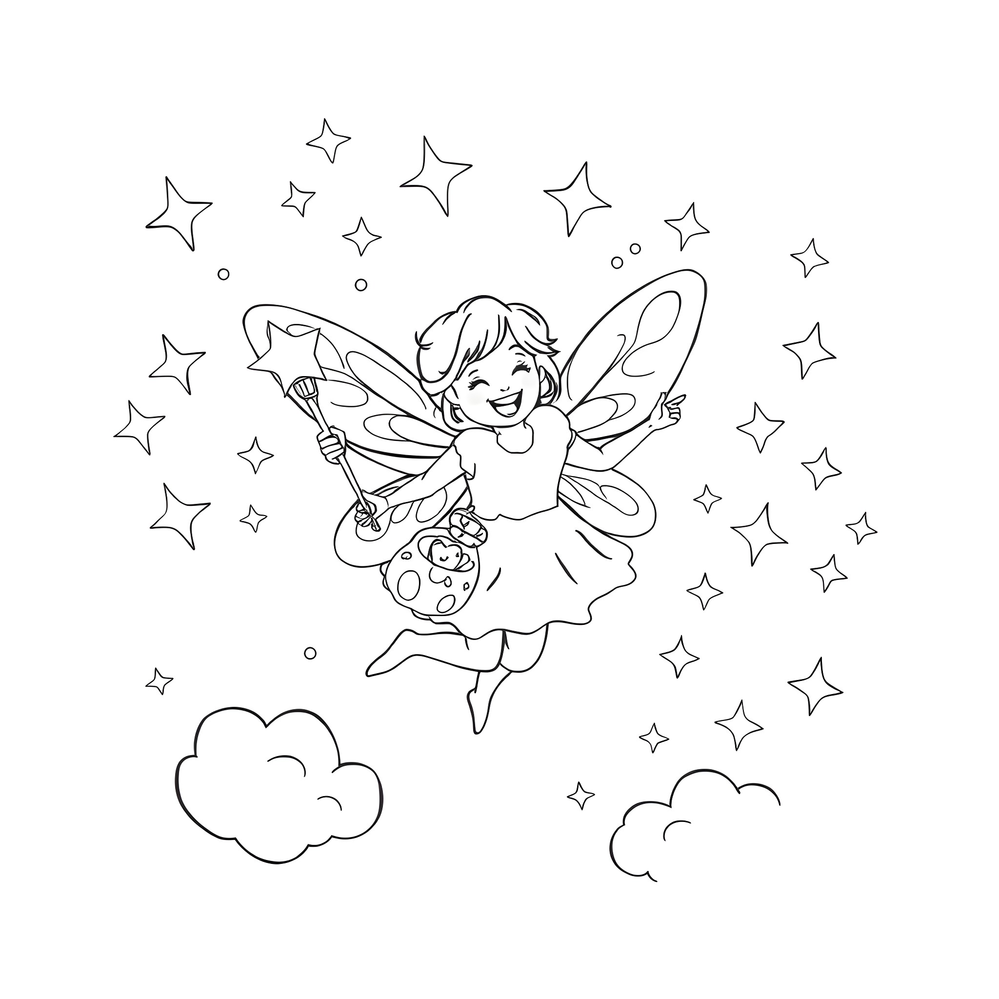 Tooth Fairy flying happily with stars and clouds Coloring Page (free black-and-white line drawing printable PDF for all, from beginners to advanced learners, including children, teens, adults, and seniors)