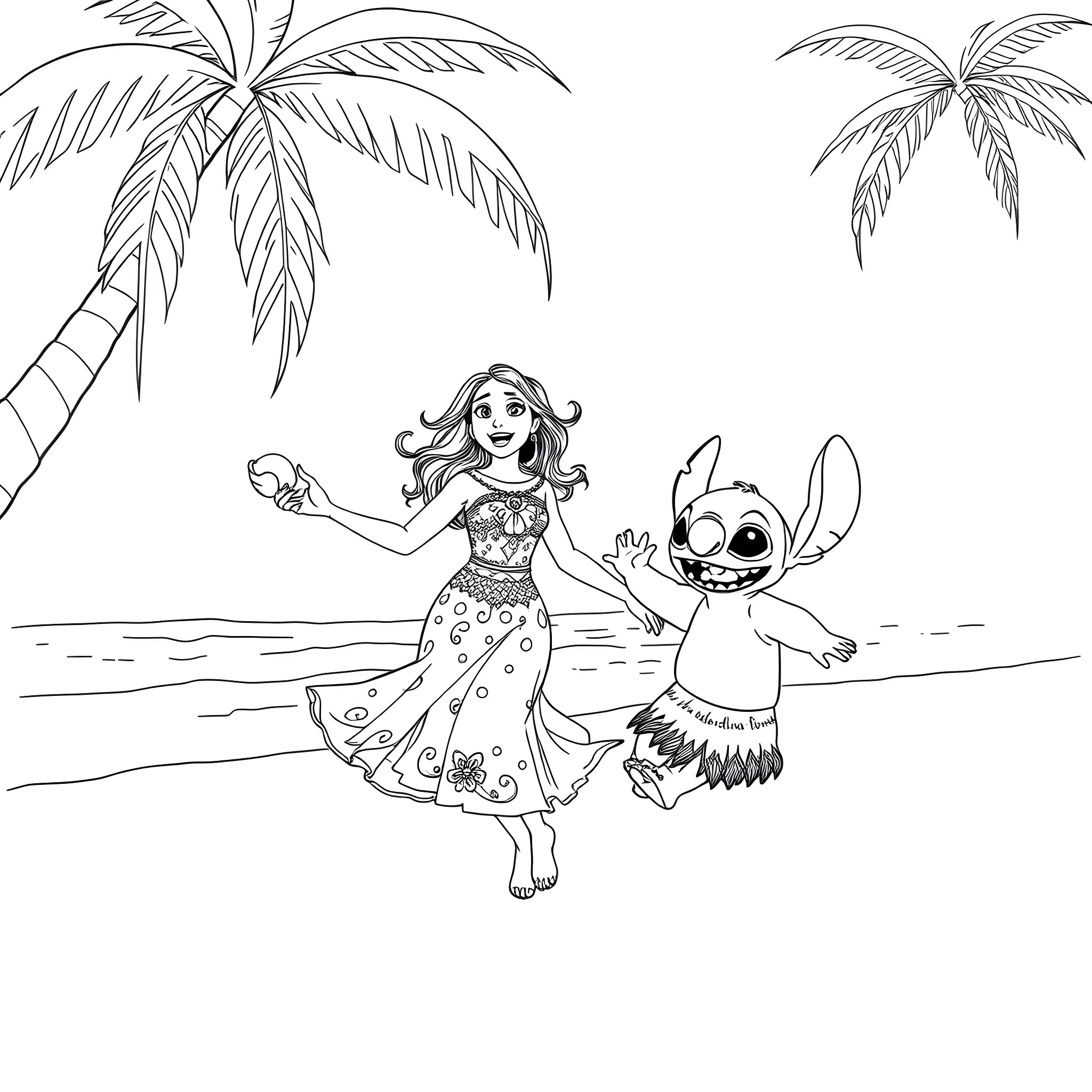 Moana and Stitch playing joyfully on the beach Coloring Page (free black-and-white line drawing printable PDF for all, from beginners to advanced learners, including children, teens, adults, and seniors)
