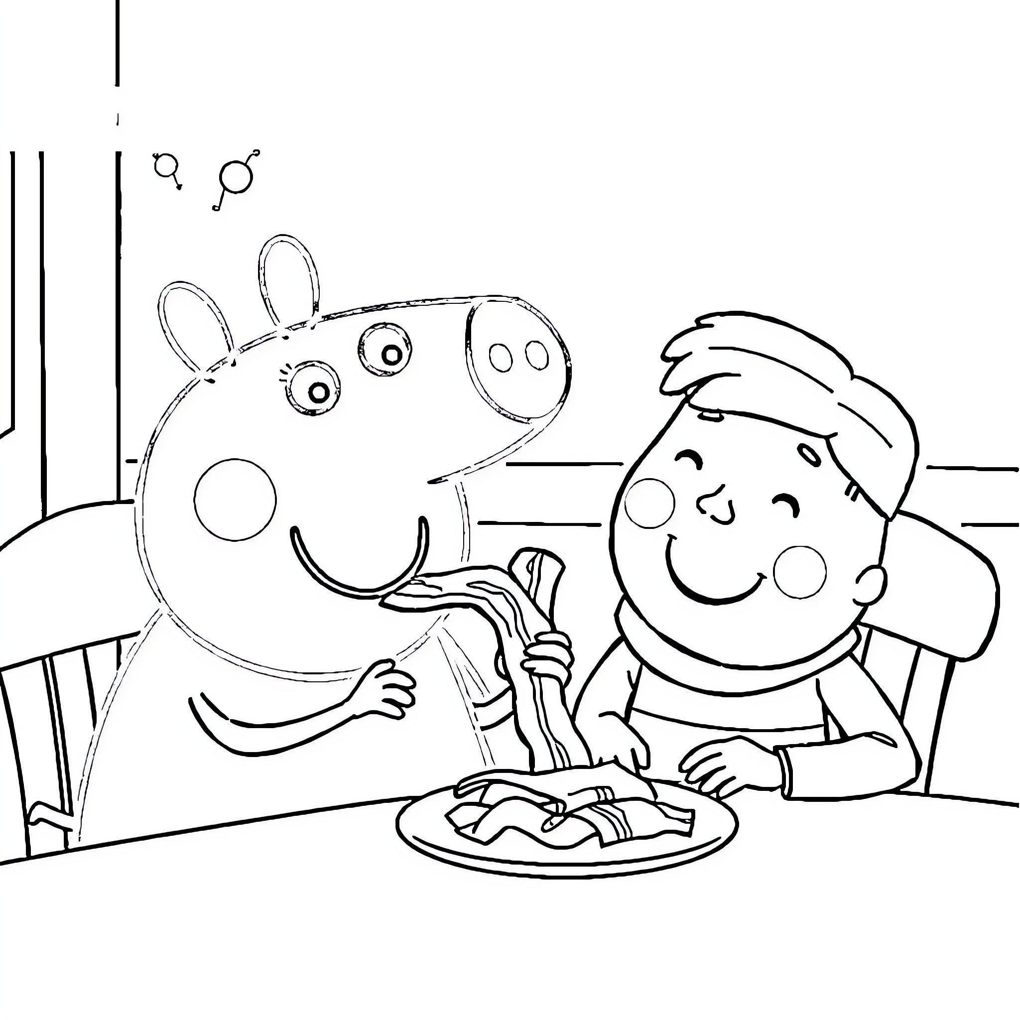 Peppa Pig and her friend enjoying a meal Coloring Page (free black-and-white line drawing printable PDF for all, from beginners to advanced learners, including children, teens, adults, and seniors)