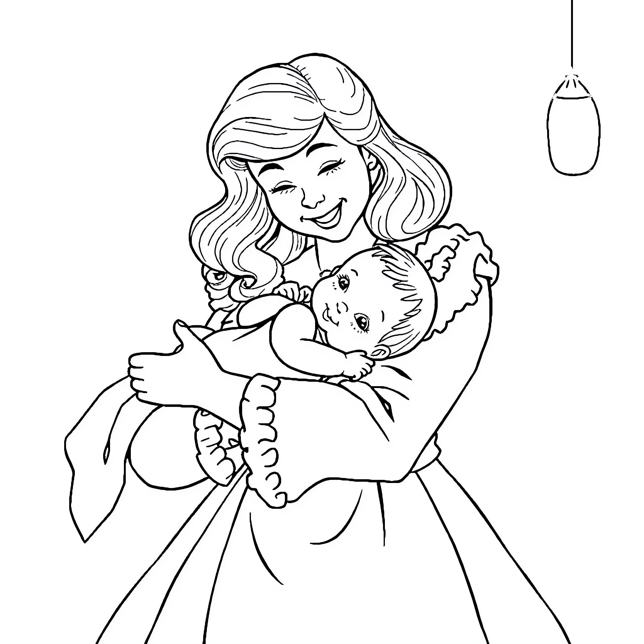 Dorothy tenderly holding a baby in her arms Coloring Page (free black-and-white line drawing printable PDF for all, from beginners to advanced learners, including children, teens, adults, and seniors)