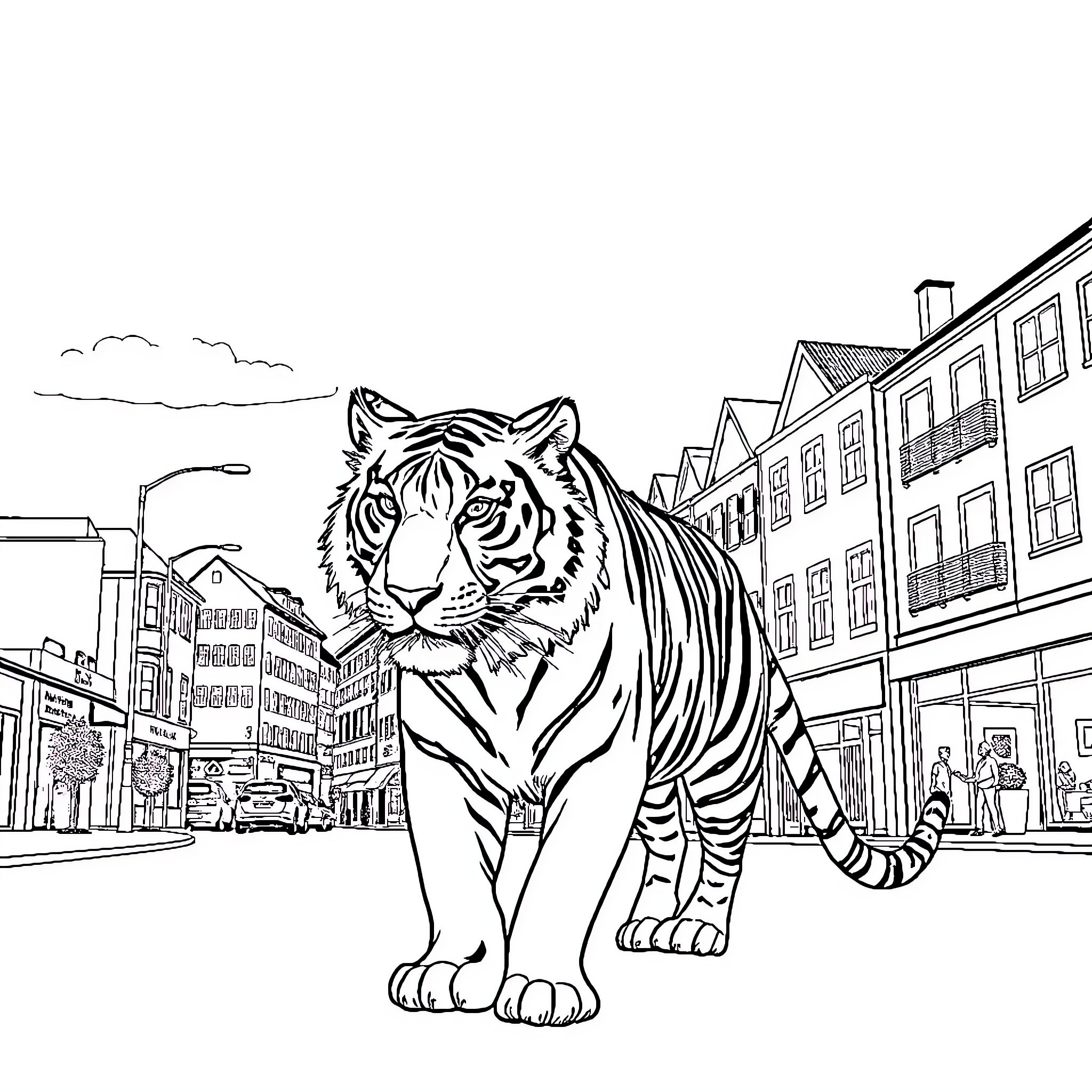 Tiger roaming through the city streets Coloring Page (free black-and-white line drawing printable PDF for all, from beginners to advanced learners, including children, teens, adults, and seniors)