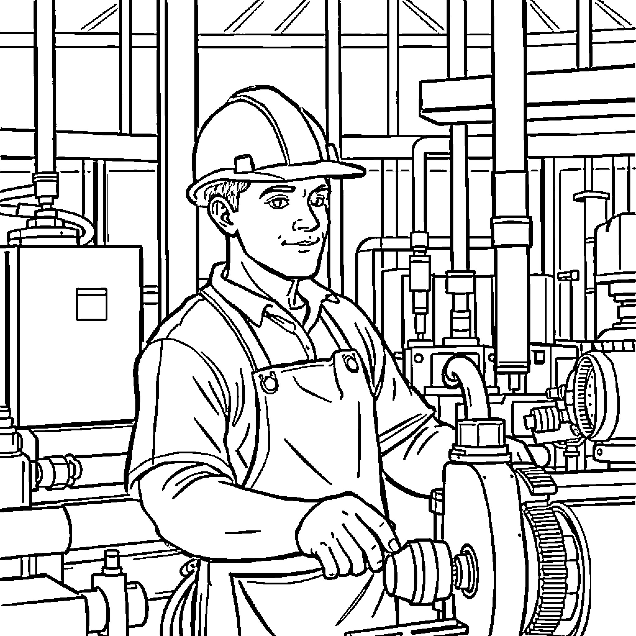 Worker operating machinery in industrial setting Coloring Page (free black-and-white line drawing printable PDF for all, from beginners to advanced learners, including children, teens, adults, and seniors)