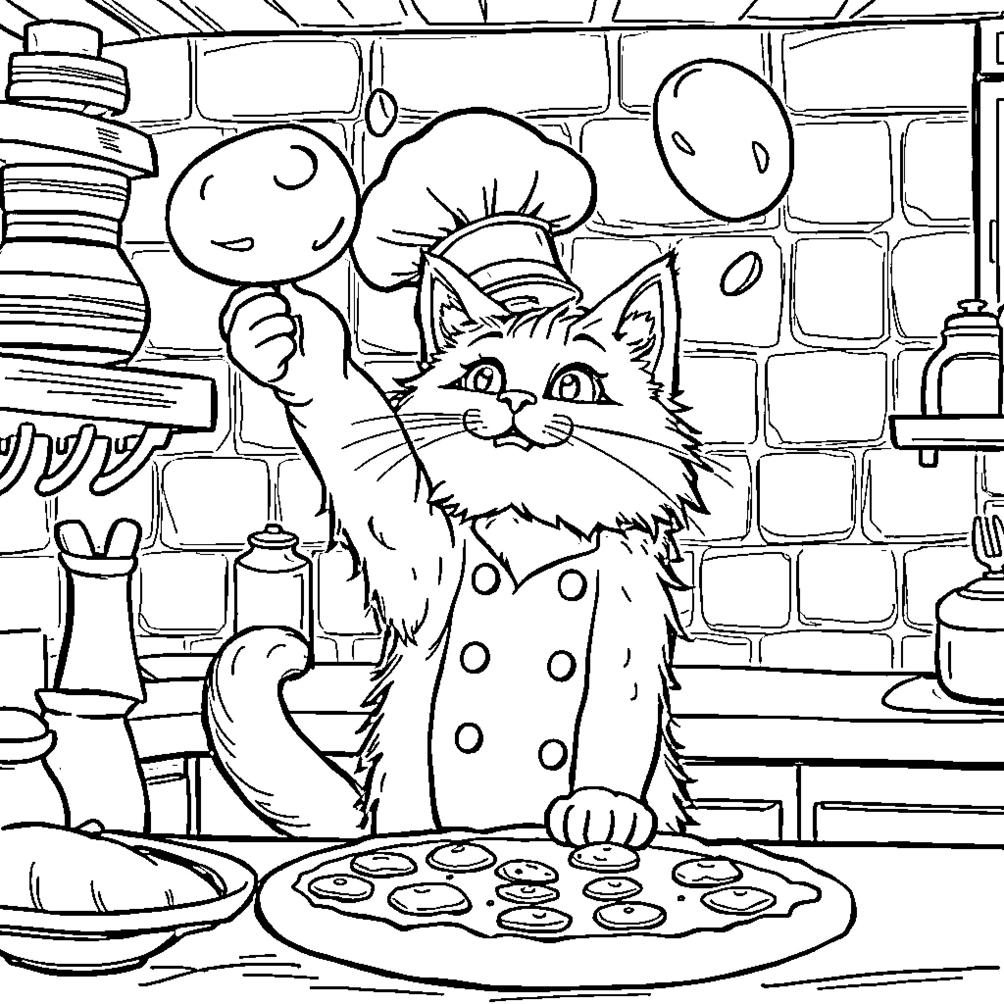 Cat Chef Baking in the Kitchen Coloring Page (free black-and-white line drawing printable PDF for all, from beginners to advanced learners, including children, teens, adults, and seniors)