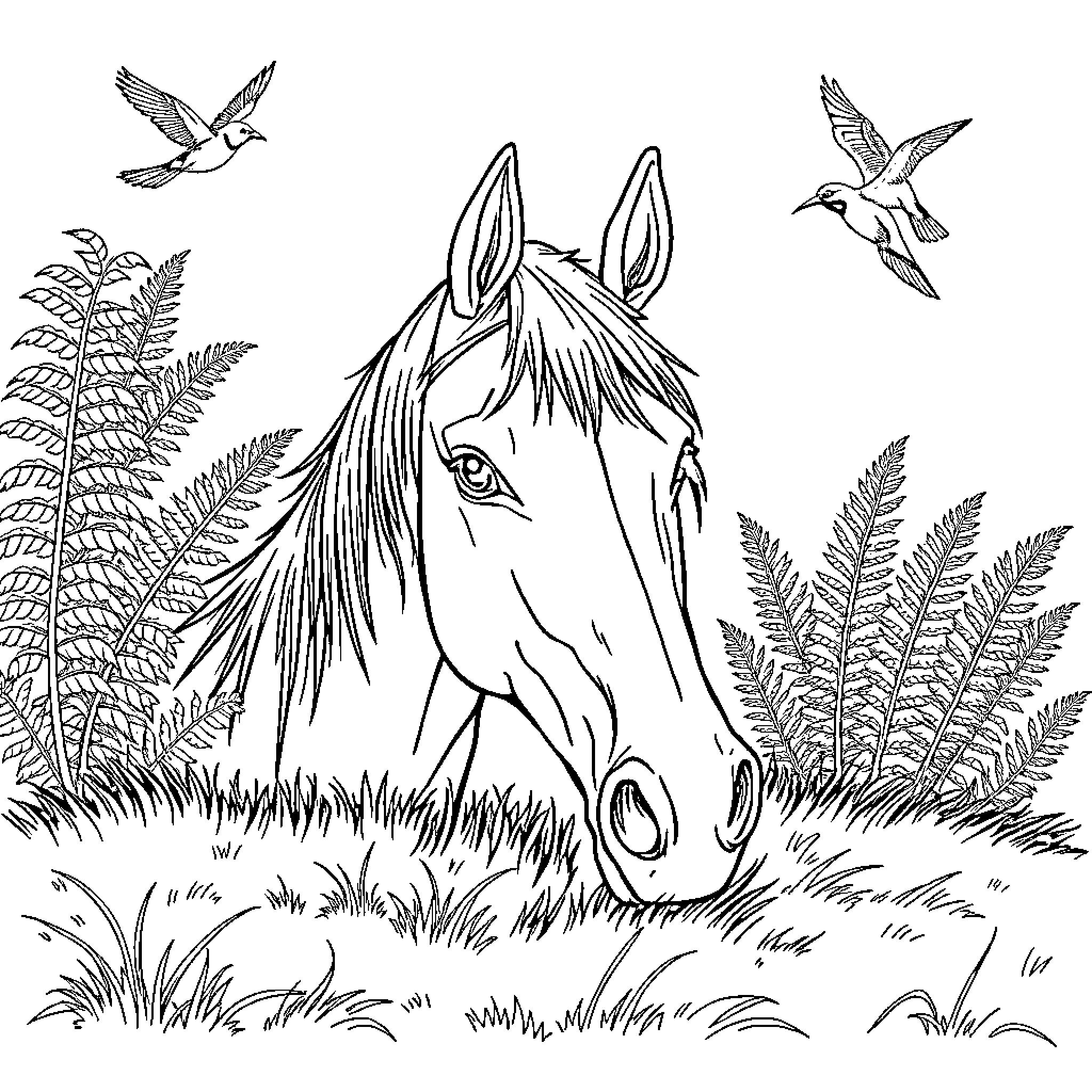 Horse in nature surrounded by birds and ferns Coloring Page (free black-and-white line drawing printable PDF for all, from beginners to advanced learners, including children, teens, adults, and seniors)