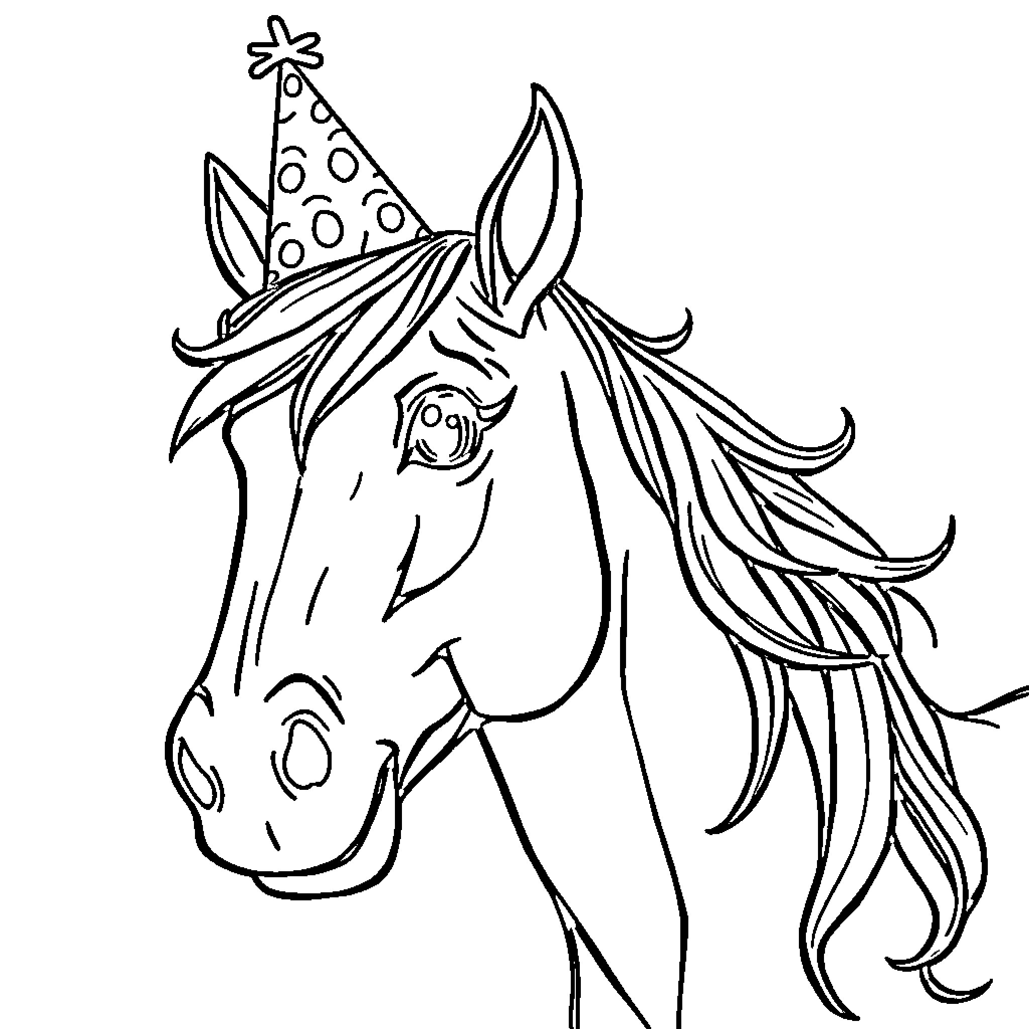 Horse wearing a party hat Coloring Page (free black-and-white line drawing printable PDF for all, from beginners to advanced learners, including children, teens, adults, and seniors)