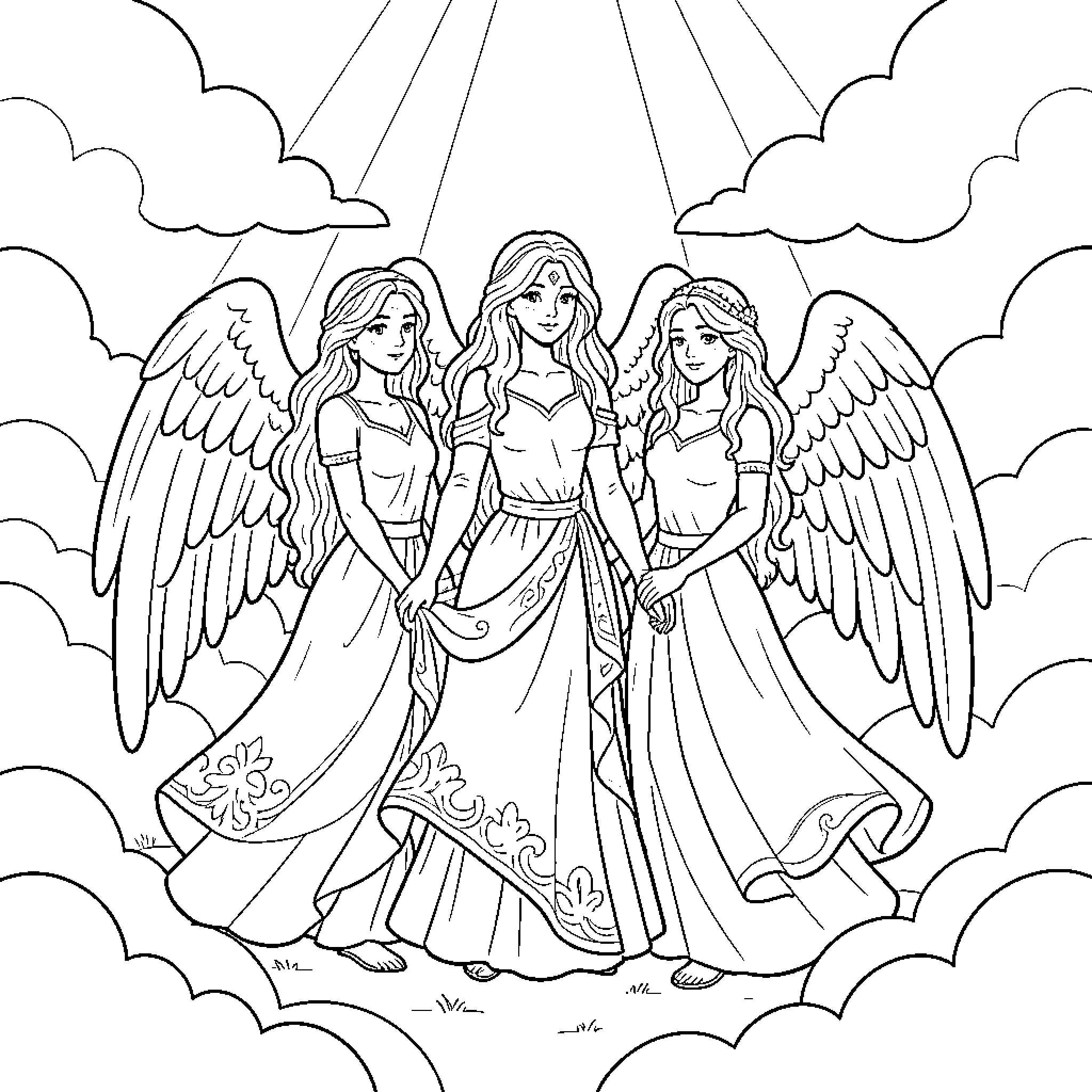Woman with angelic companions in the heavenly clouds Coloring Page (free black-and-white line drawing printable PDF for all, from beginners to advanced learners, including children, teens, adults, and seniors)