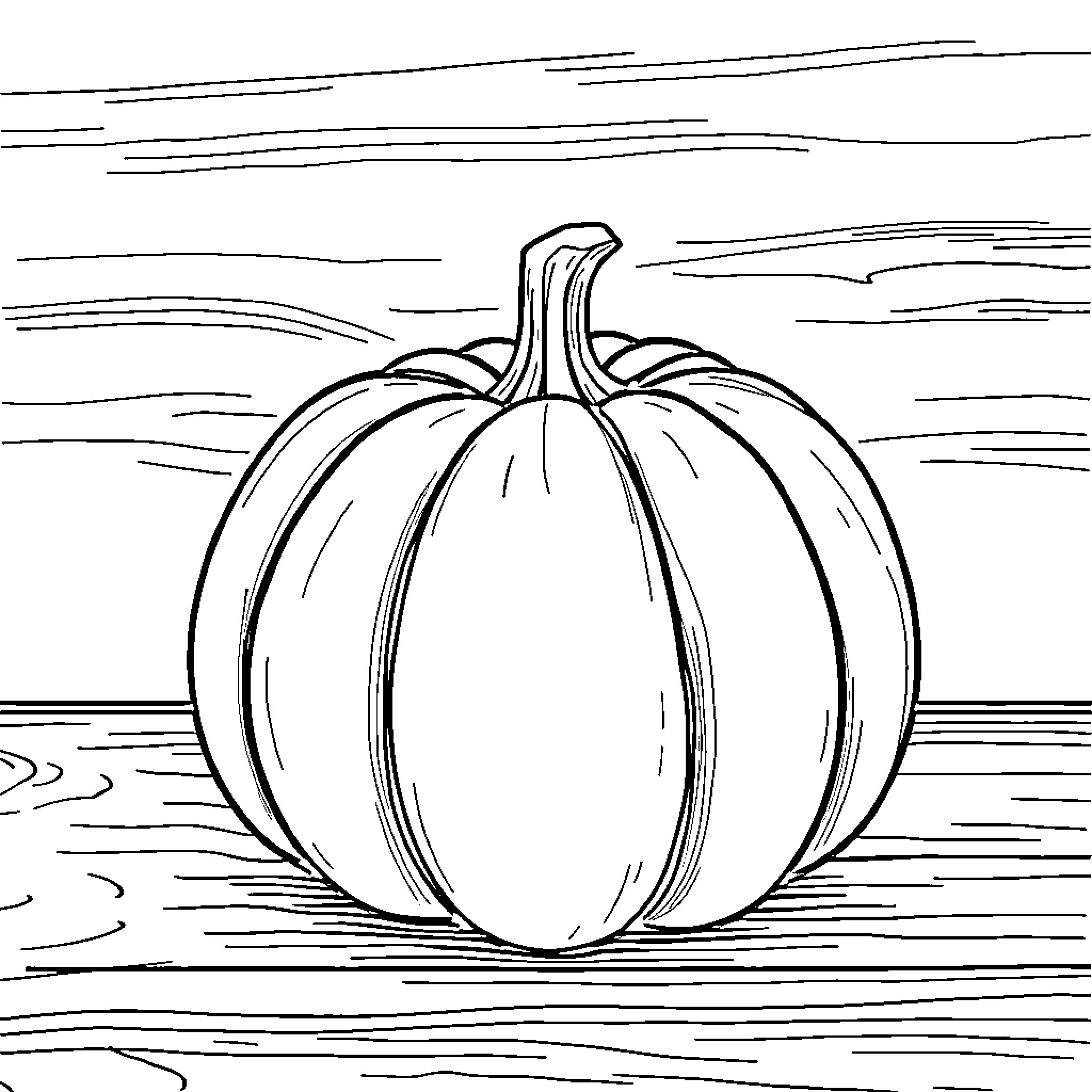 Pumpkin on Wooden Background Coloring Page (free black-and-white line drawing printable PDF for all, from beginners to advanced learners, including children, teens, adults, and seniors)