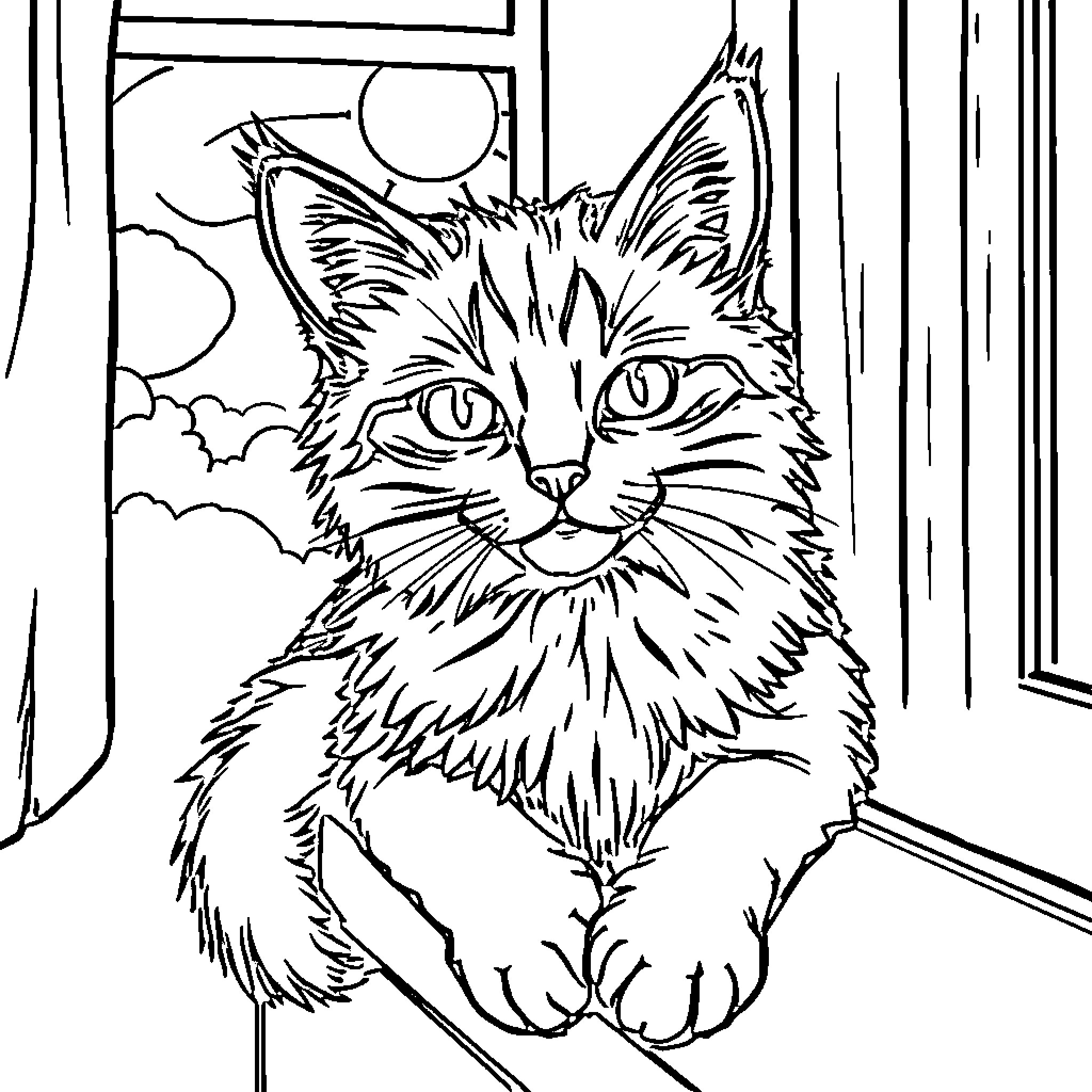 Cat looking out the window Coloring Page (free black-and-white line drawing printable PDF for all, from beginners to advanced learners, including children, teens, adults, and seniors)
