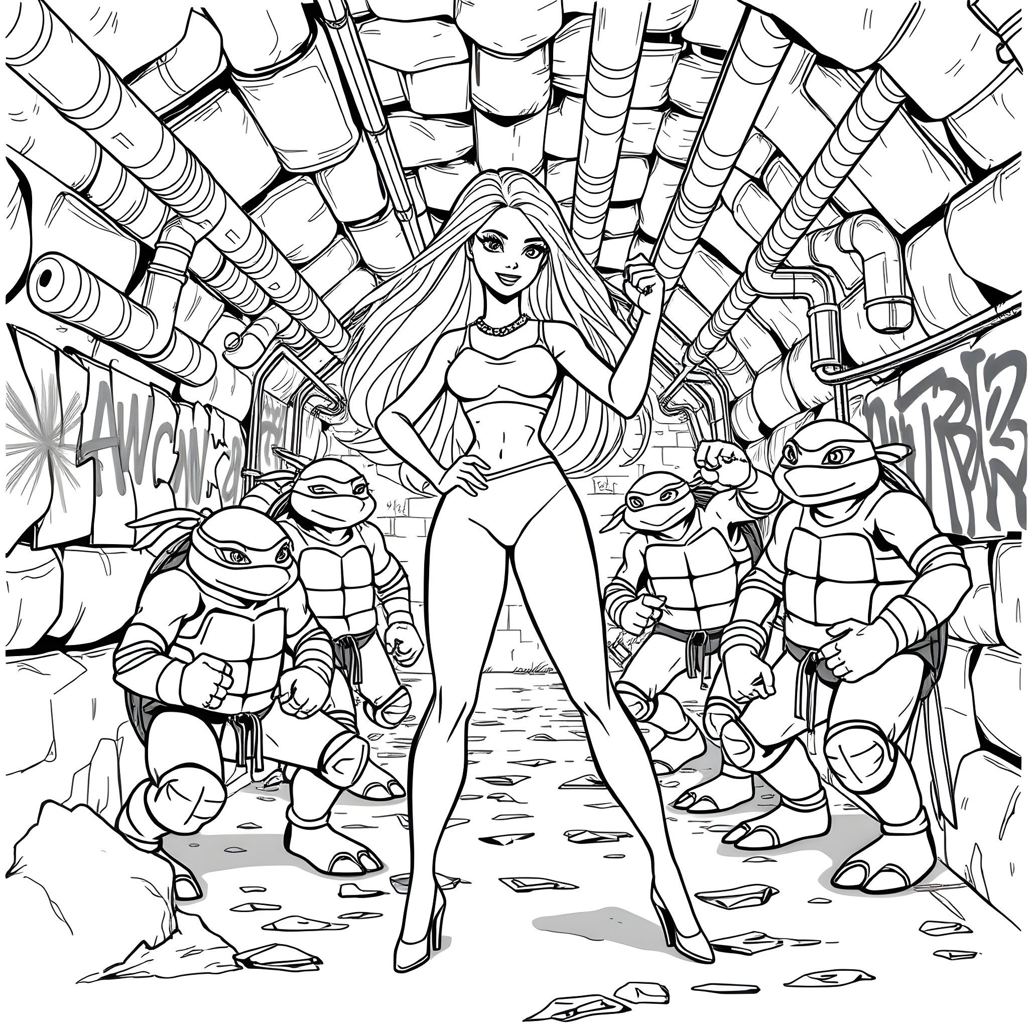 Barbie's Superhero Adventure with Teenage Mutant Ninja Turtles Coloring Page (free black-and-white line drawing printable PDF for all, from beginners to advanced learners, including children, teens, adults, and seniors)