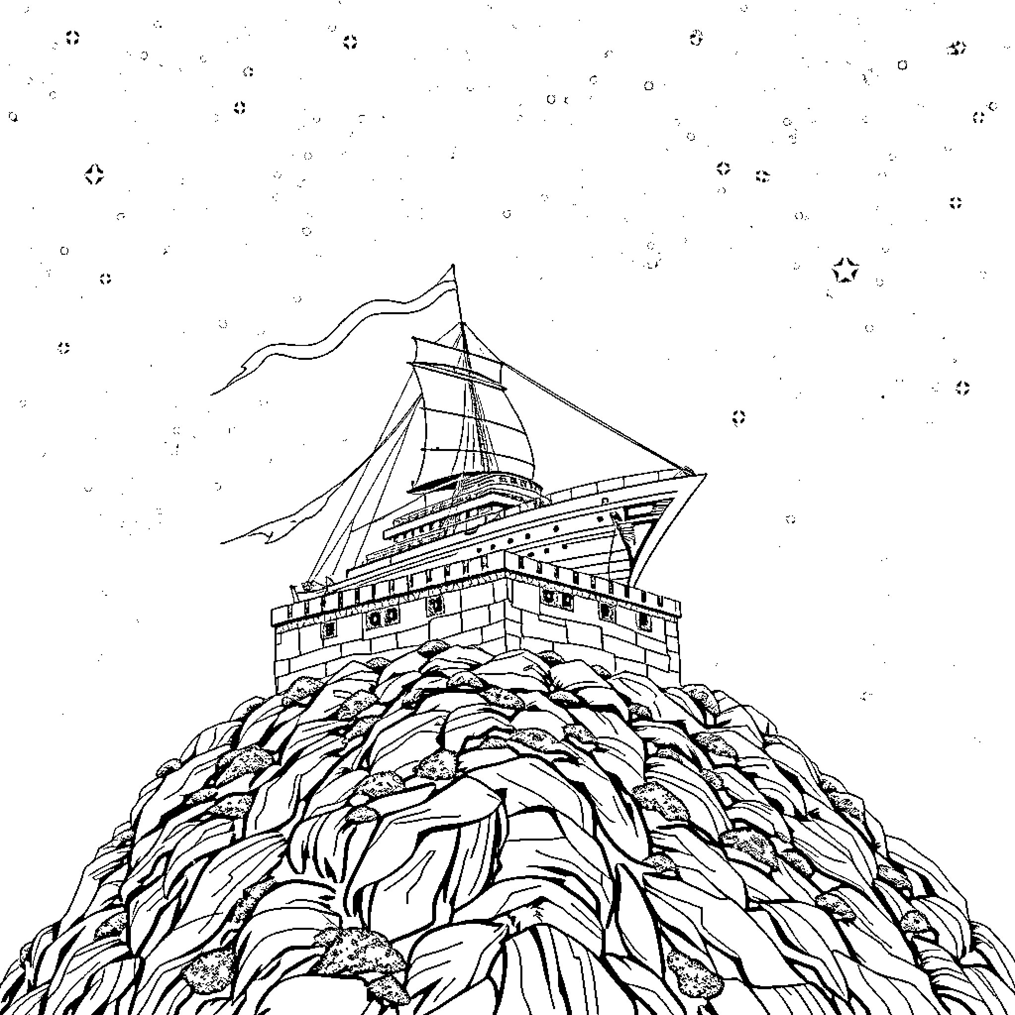 Nave Espacial sailing over an alien landscape Coloring Page (free black-and-white line drawing printable PDF for all, from beginners to advanced learners, including children, teens, adults, and seniors)