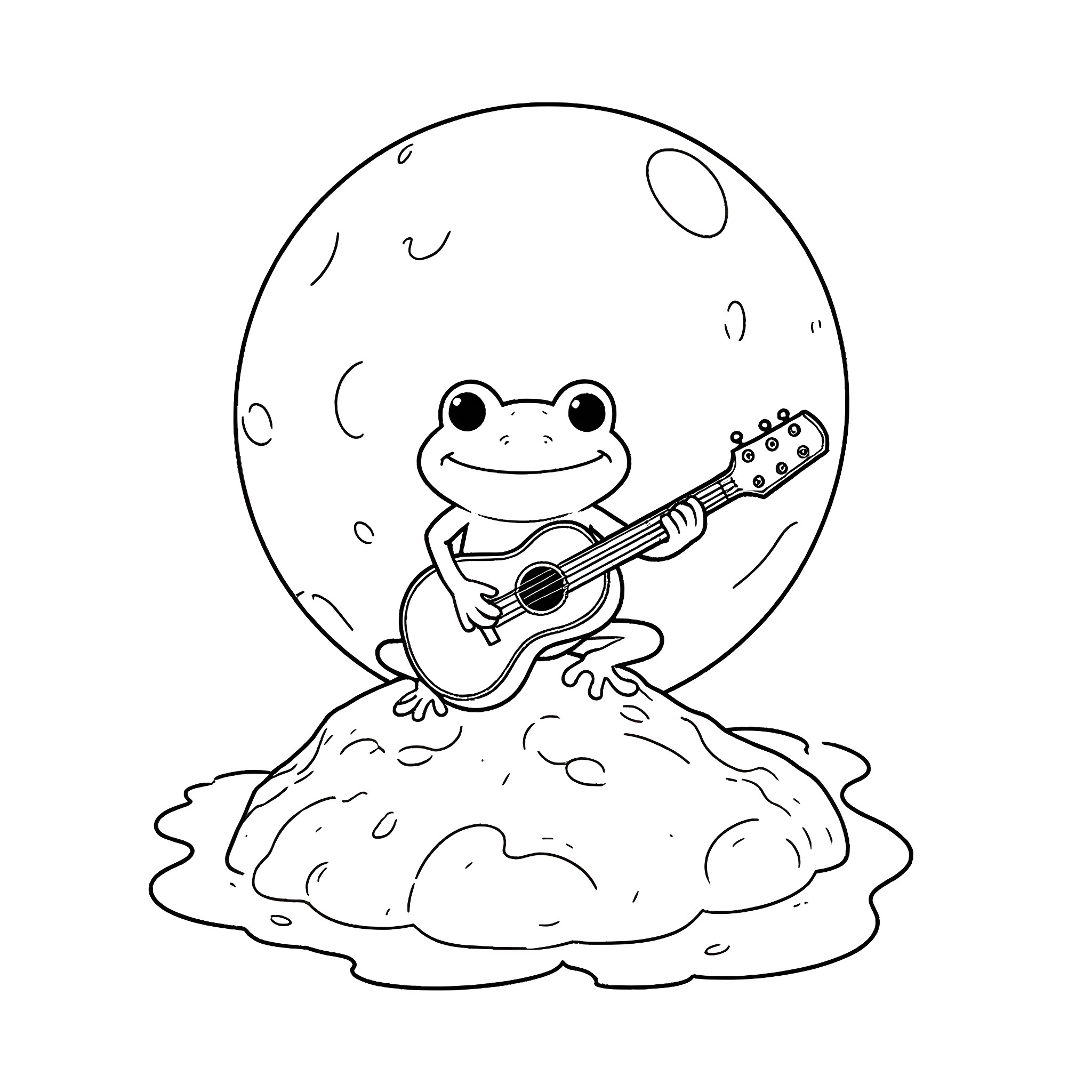 Frog playing guitar under the moon Coloring Page (free black-and-white line drawing printable PDF for all, from beginners to advanced learners, including children, teens, adults, and seniors)