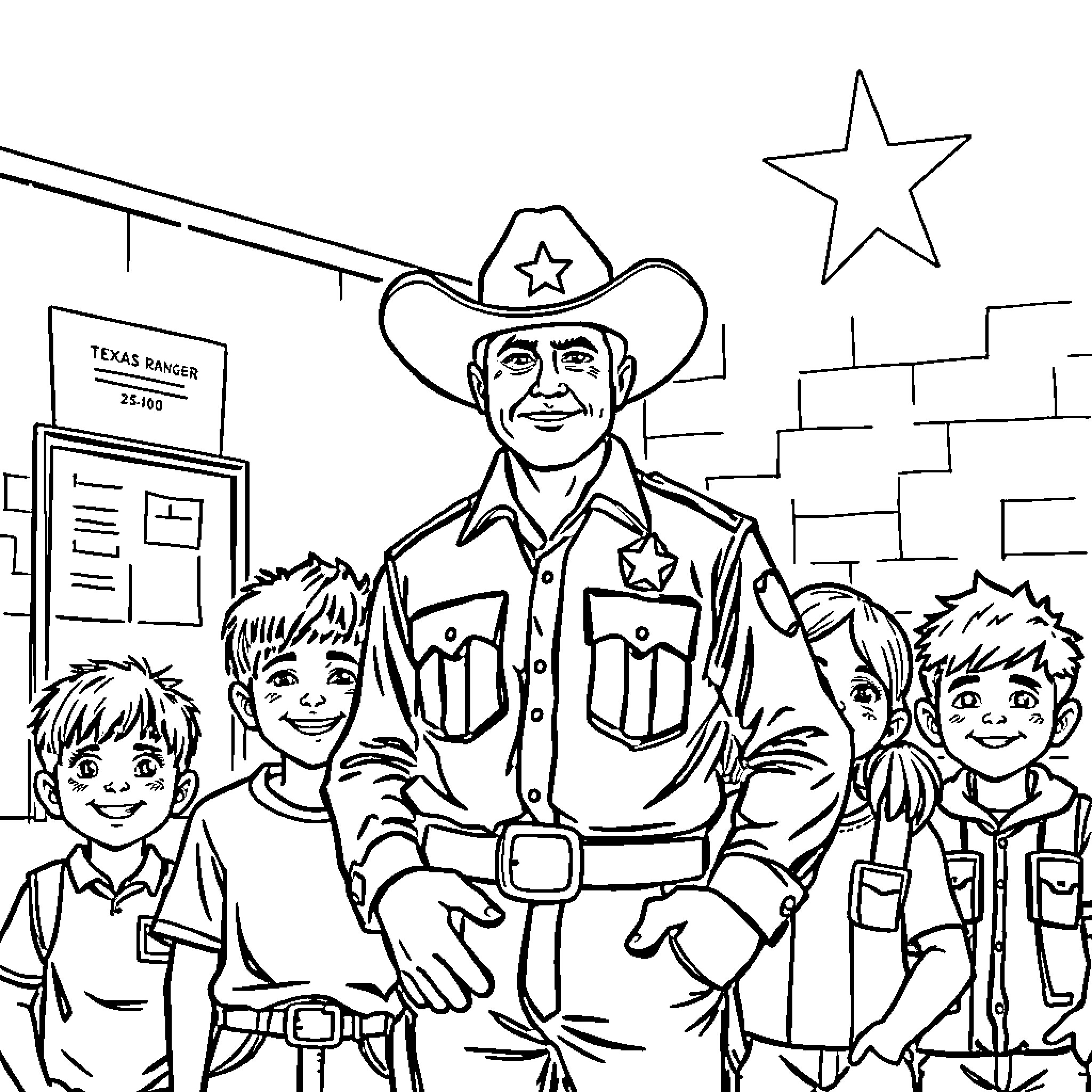 Texas Ranger Helps Children at the Station Coloring Page (free black-and-white line drawing printable PDF for all, from beginners to advanced learners, including children, teens, adults, and seniors)