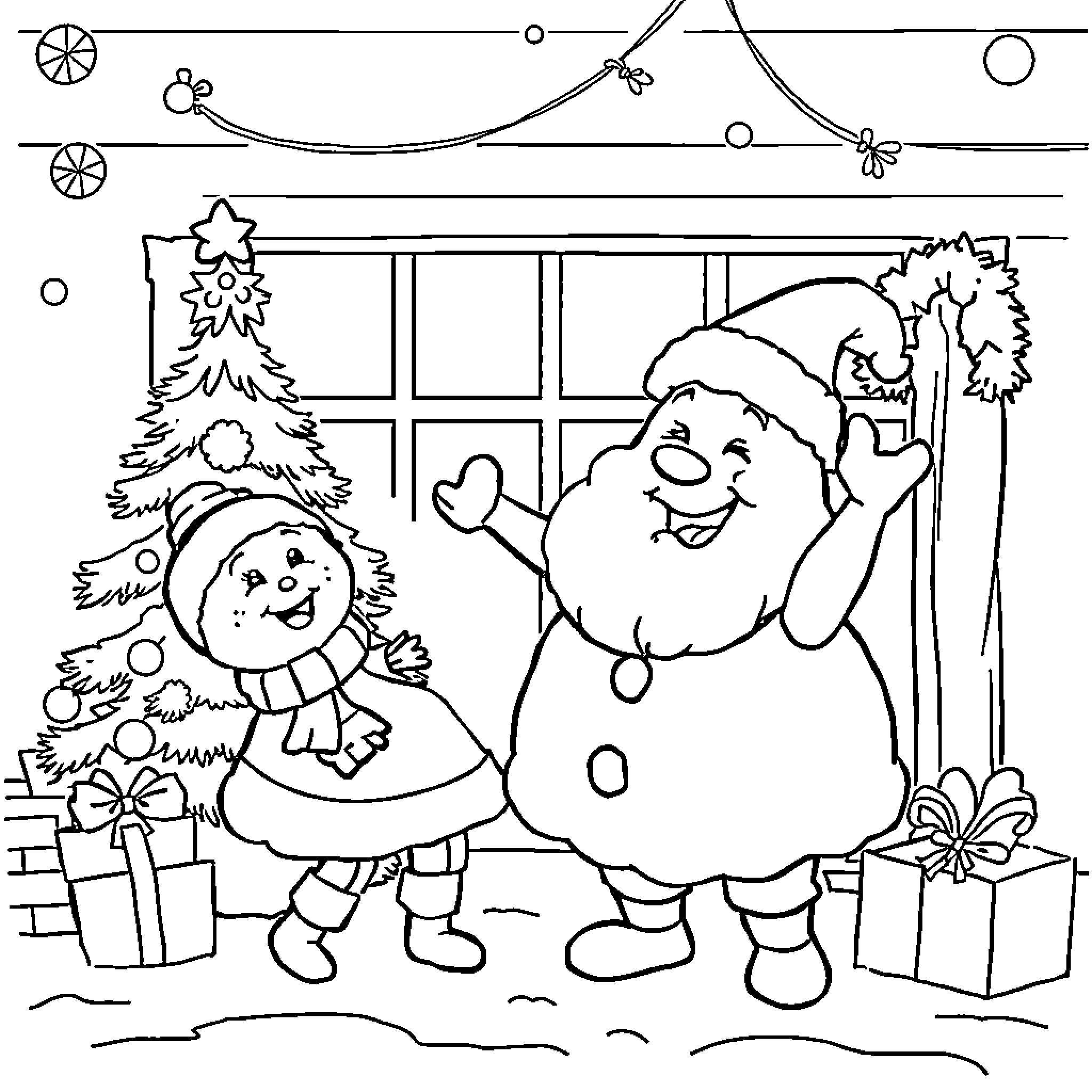 Brain decorating Christmas scene with snowman and gifts Coloring Page (free black-and-white line drawing printable PDF for all, from beginners to advanced learners, including children, teens, adults, and seniors)