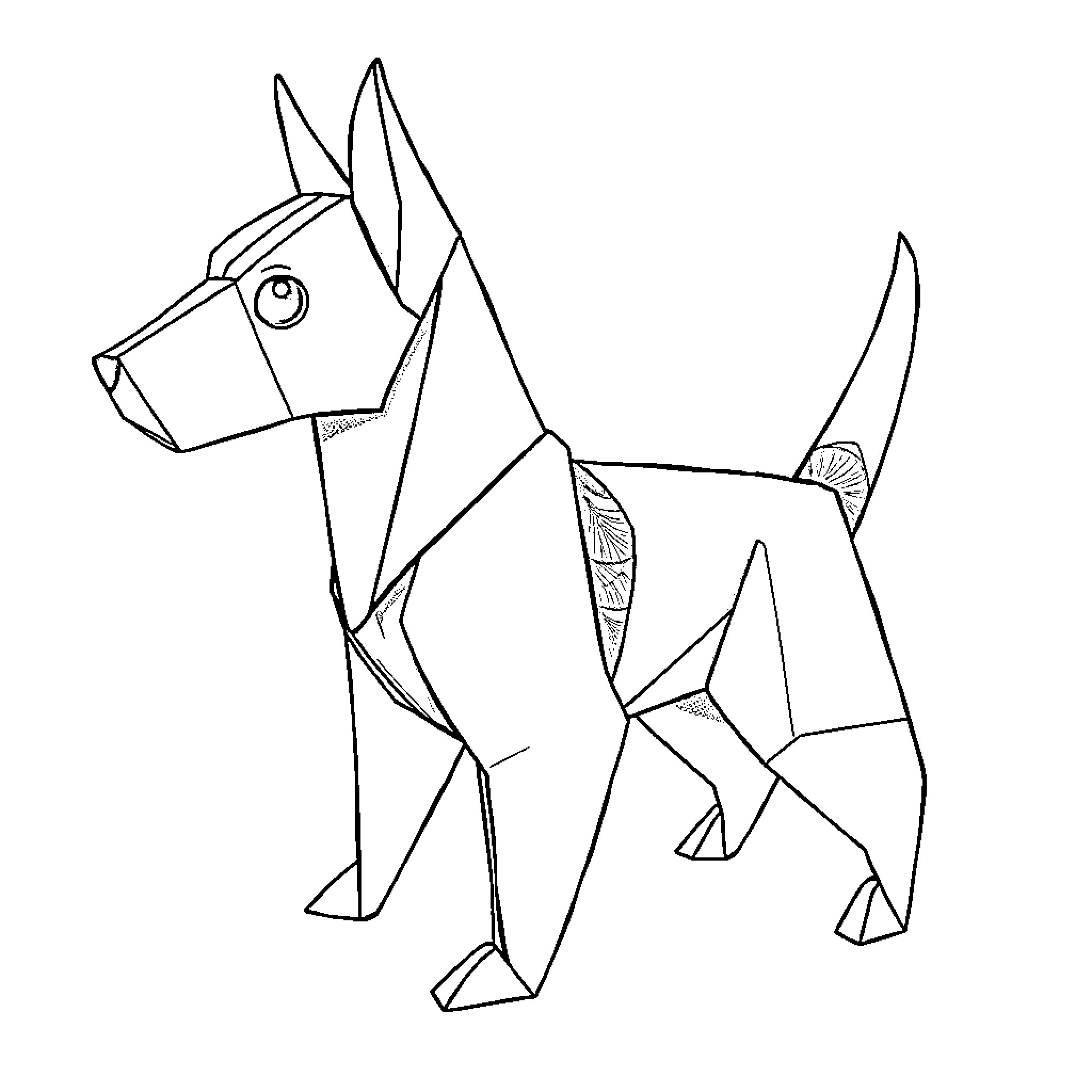Dog in abstract geometric style Coloring Page (free black-and-white line drawing printable PDF for all, from beginners to advanced learners, including children, teens, adults, and seniors)
