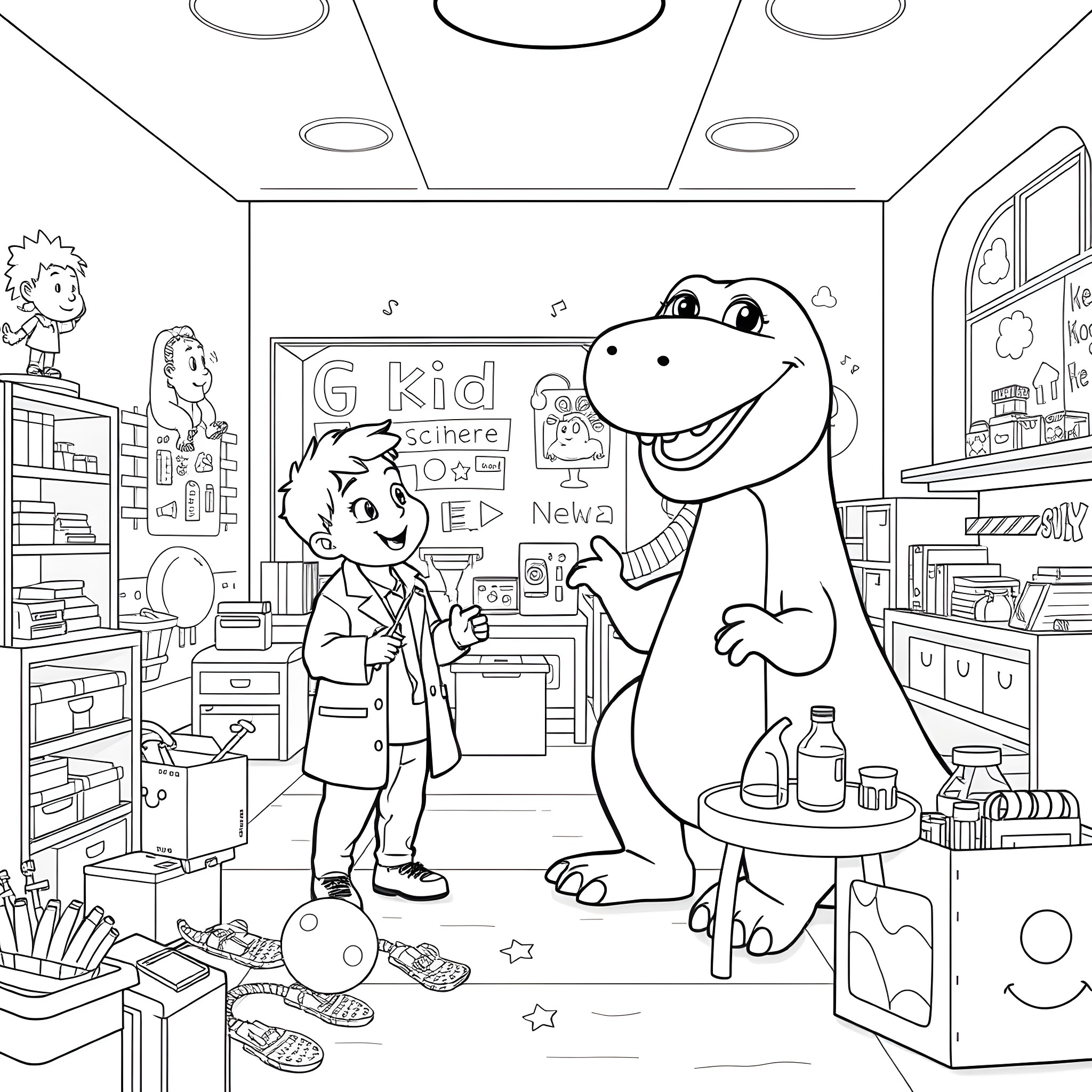 Sid and the Friendly Dinosaur Explore the Toy Store Coloring Page (free black-and-white line drawing printable PDF for all, from beginners to advanced learners, including children, teens, adults, and seniors)