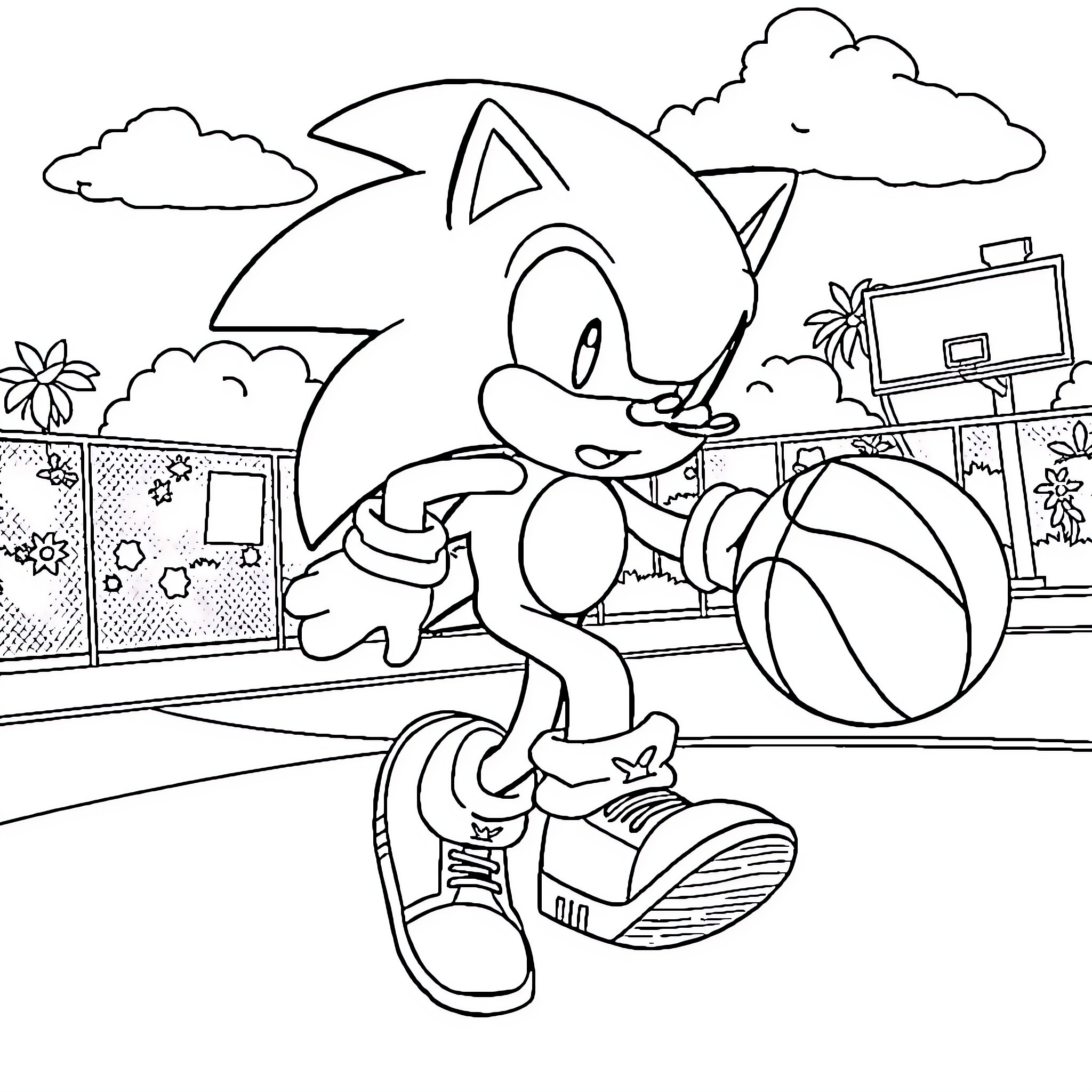 Sonic enjoying a sunny day in the park Coloring Page (free black-and-white line drawing printable PDF for all, from beginners to advanced learners, including children, teens, adults, and seniors)