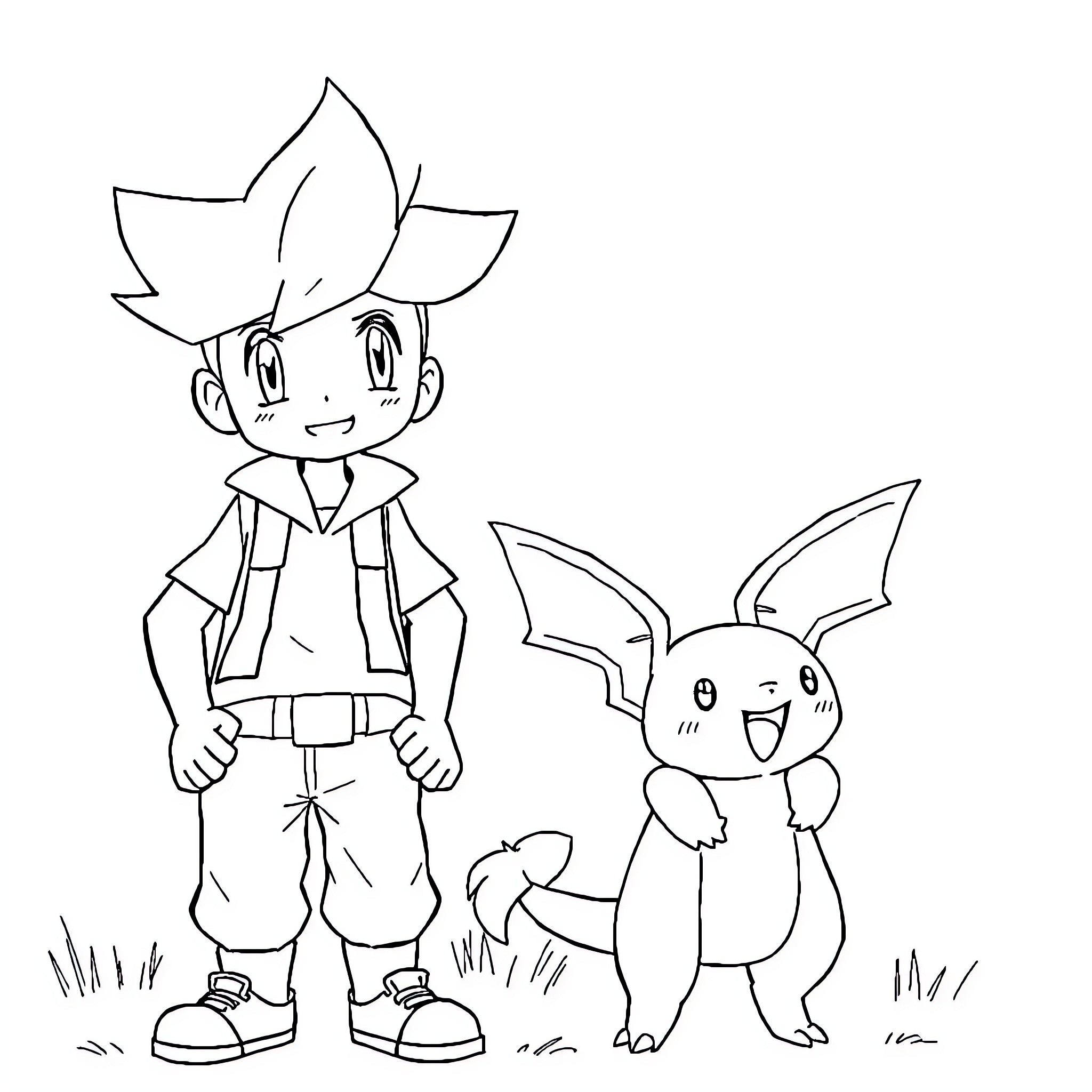 Pokémon Trainer and Companion in the Outdoors Coloring Page (free black-and-white line drawing printable PDF for all, from beginners to advanced learners, including children, teens, adults, and seniors)