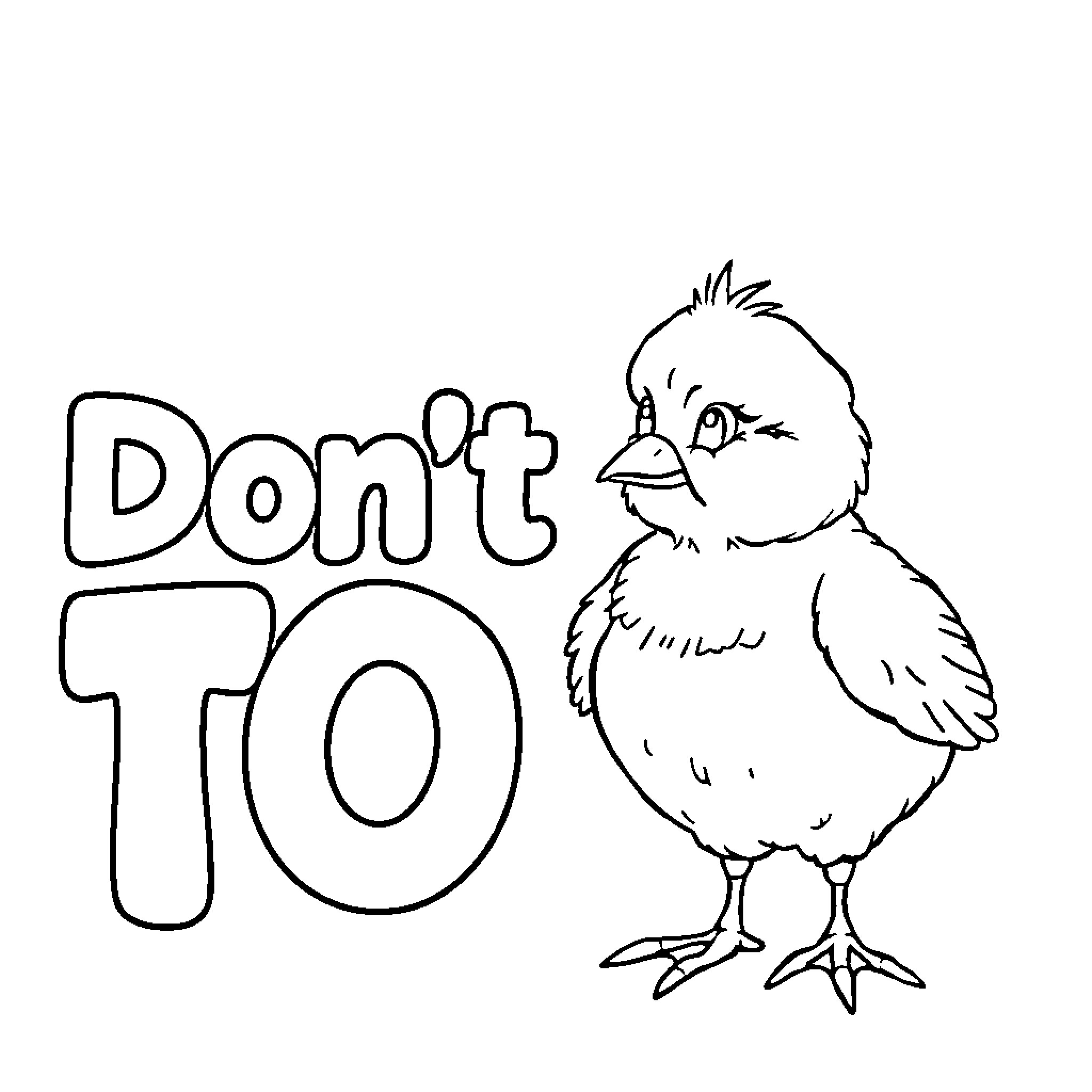 Chick with a warning message Coloring Page (free black-and-white line drawing printable PDF for all, from beginners to advanced learners, including children, teens, adults, and seniors)
