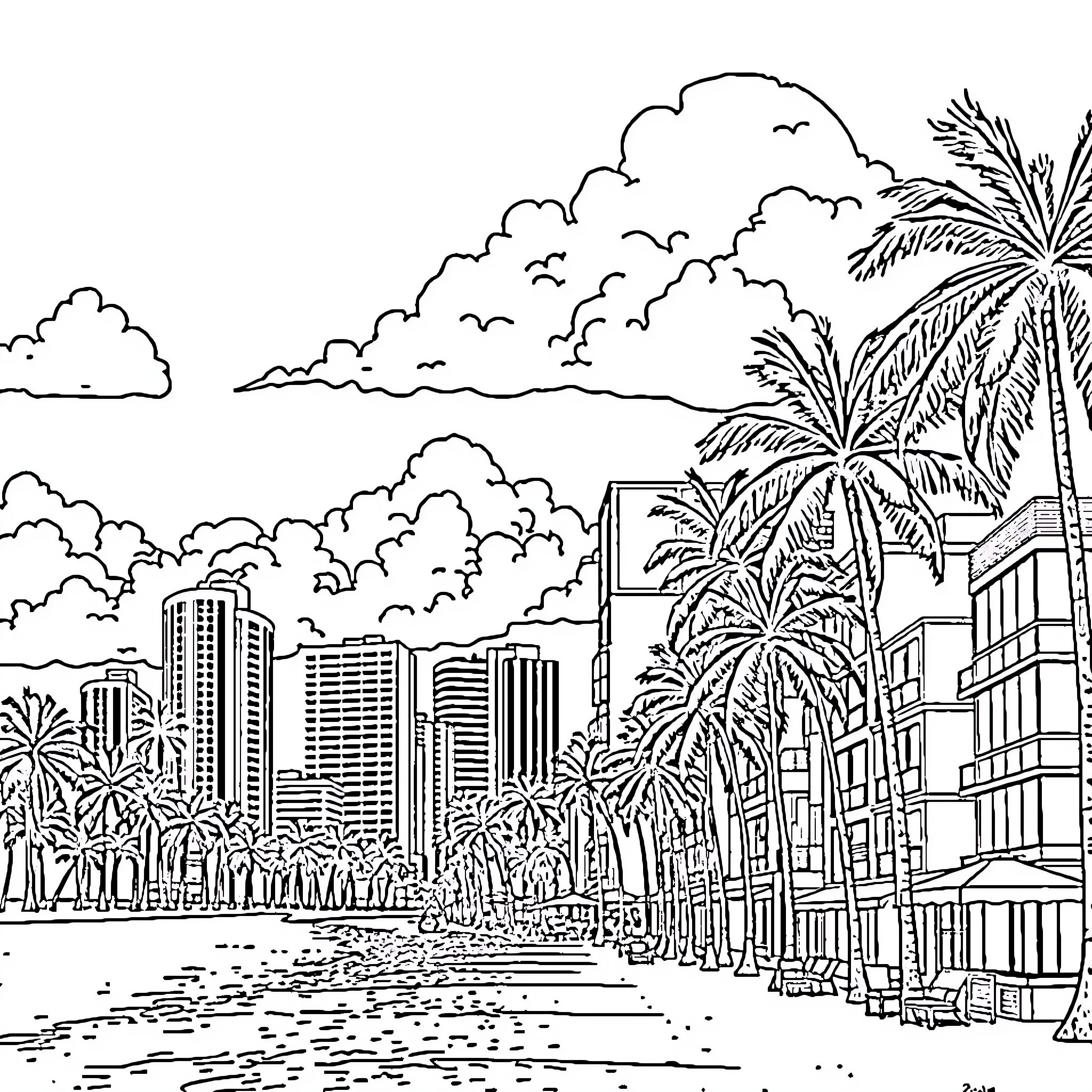 Miami Beach Skyline and Palms Coloring Page (free black-and-white line drawing printable PDF for all, from beginners to advanced learners, including children, teens, adults, and seniors)