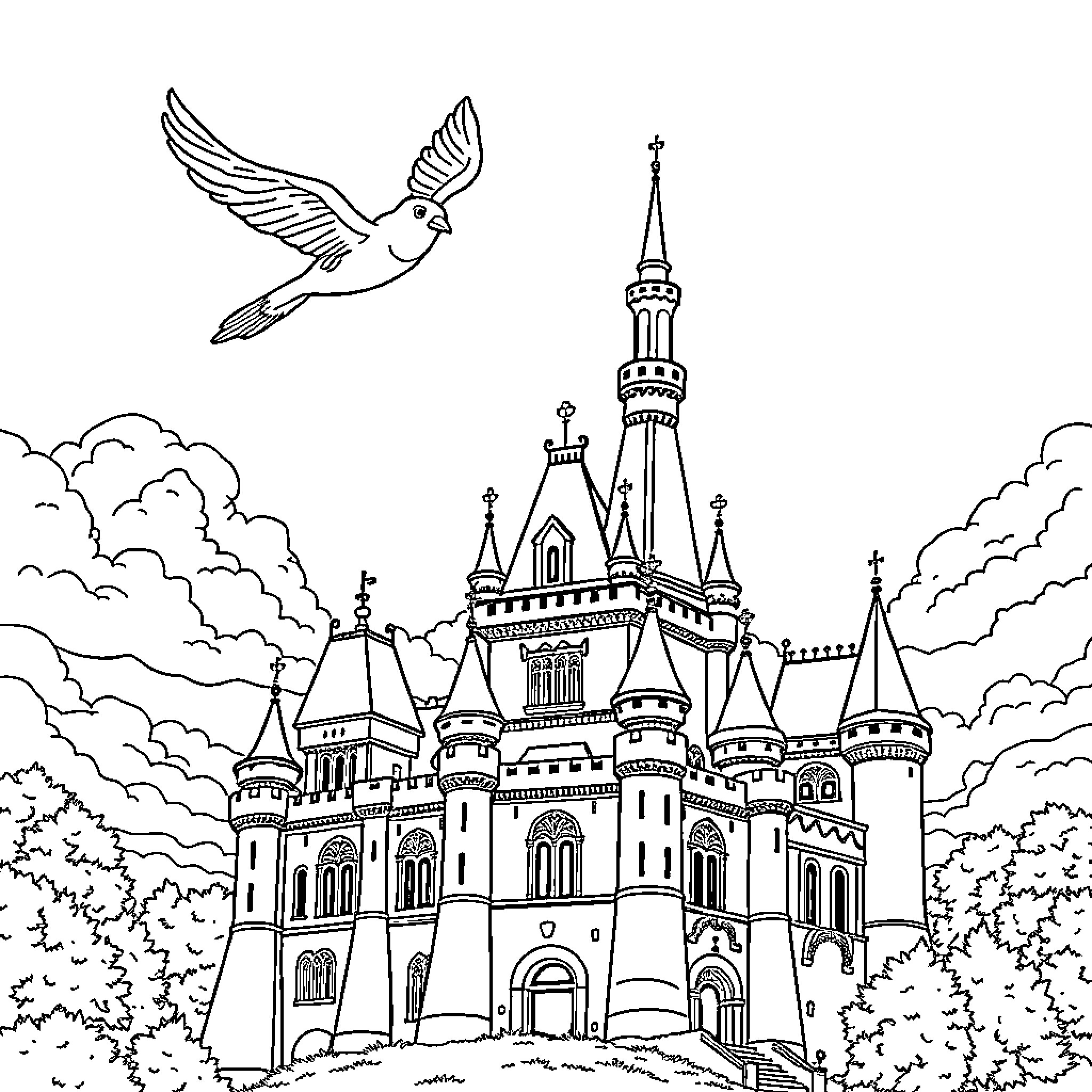 Flying Truck Soaring Over Enchanting Castle Coloring Page (free black-and-white line drawing printable PDF for all, from beginners to advanced learners, including children, teens, adults, and seniors)