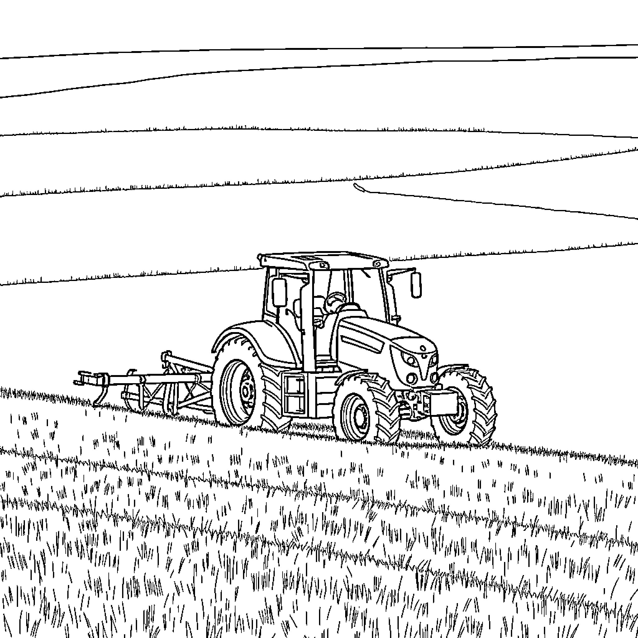 Fendt tractor working in the field Coloring Page (free black-and-white line drawing printable PDF for all, from beginners to advanced learners, including children, teens, adults, and seniors)