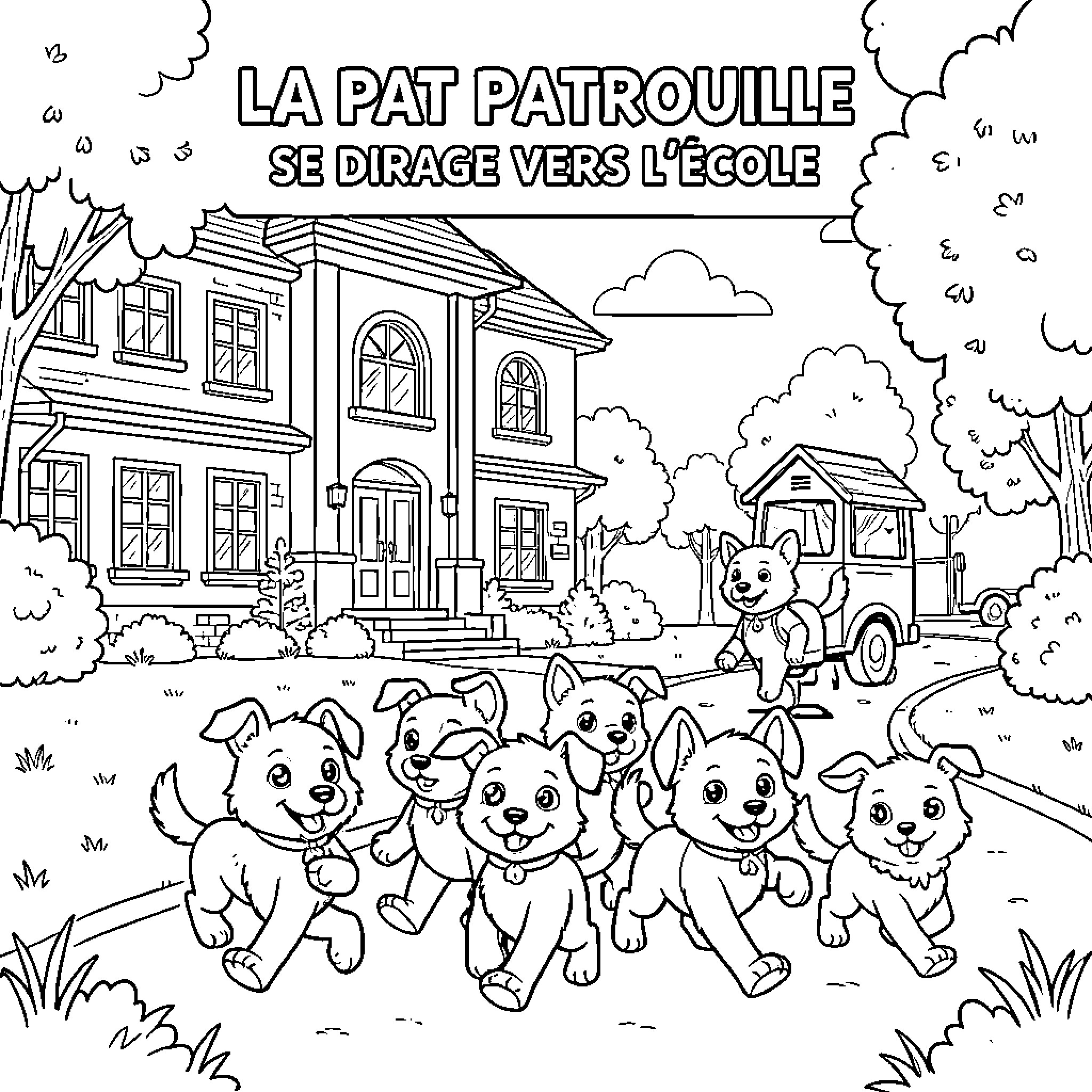La Pat' Patrouille running happily toward the school Coloring Page (free black-and-white line drawing printable PDF for all, from beginners to advanced learners, including children, teens, adults, and seniors)
