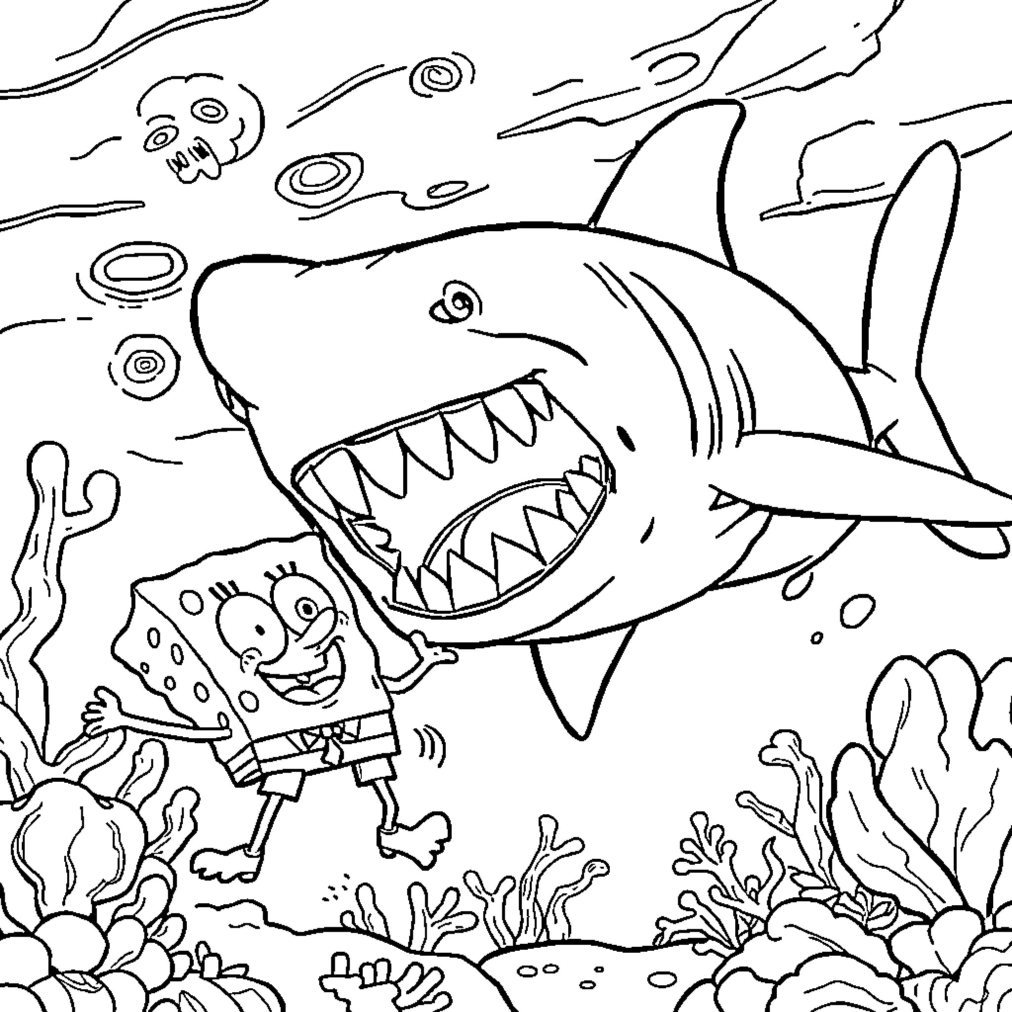 Shark chasing a quirky character in the ocean Coloring Page (free black-and-white line drawing printable PDF for all, from beginners to advanced learners, including children, teens, adults, and seniors)
