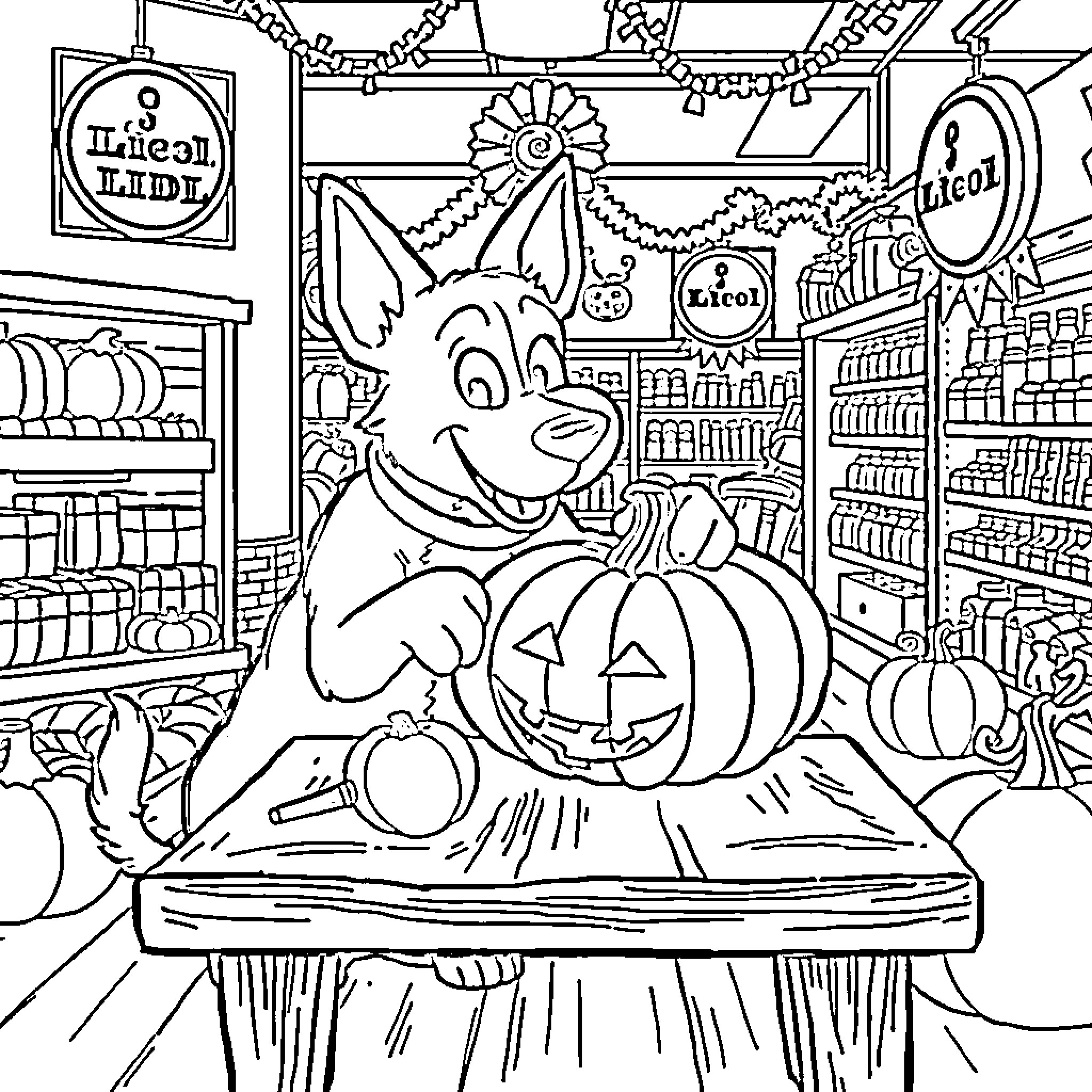 Bluey's Halloween Shopping Adventure Coloring Page (free black-and-white line drawing printable PDF for all, from beginners to advanced learners, including children, teens, adults, and seniors)