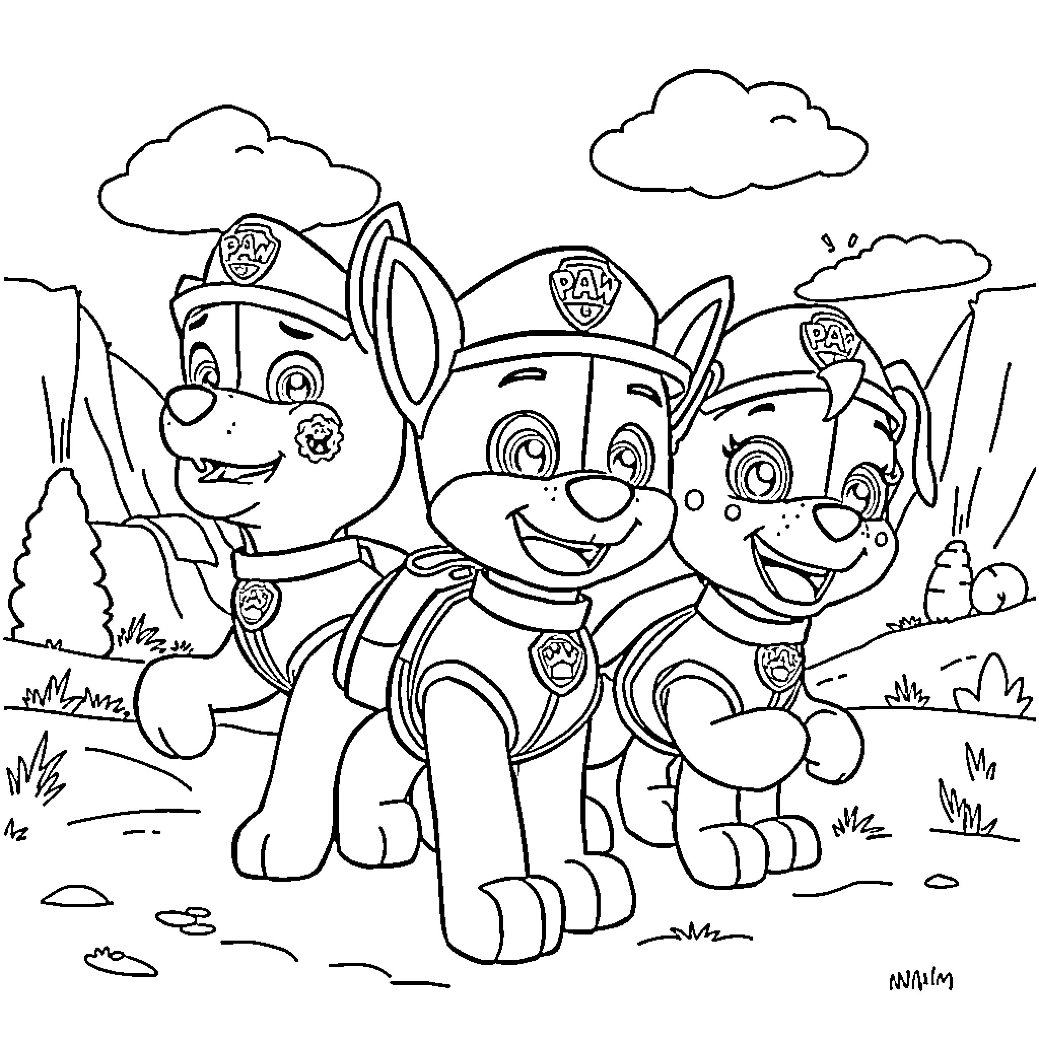 Paw Patrol pups posing together happily in nature Coloring Page (free black-and-white line drawing printable PDF for all, from beginners to advanced learners, including children, teens, adults, and seniors)