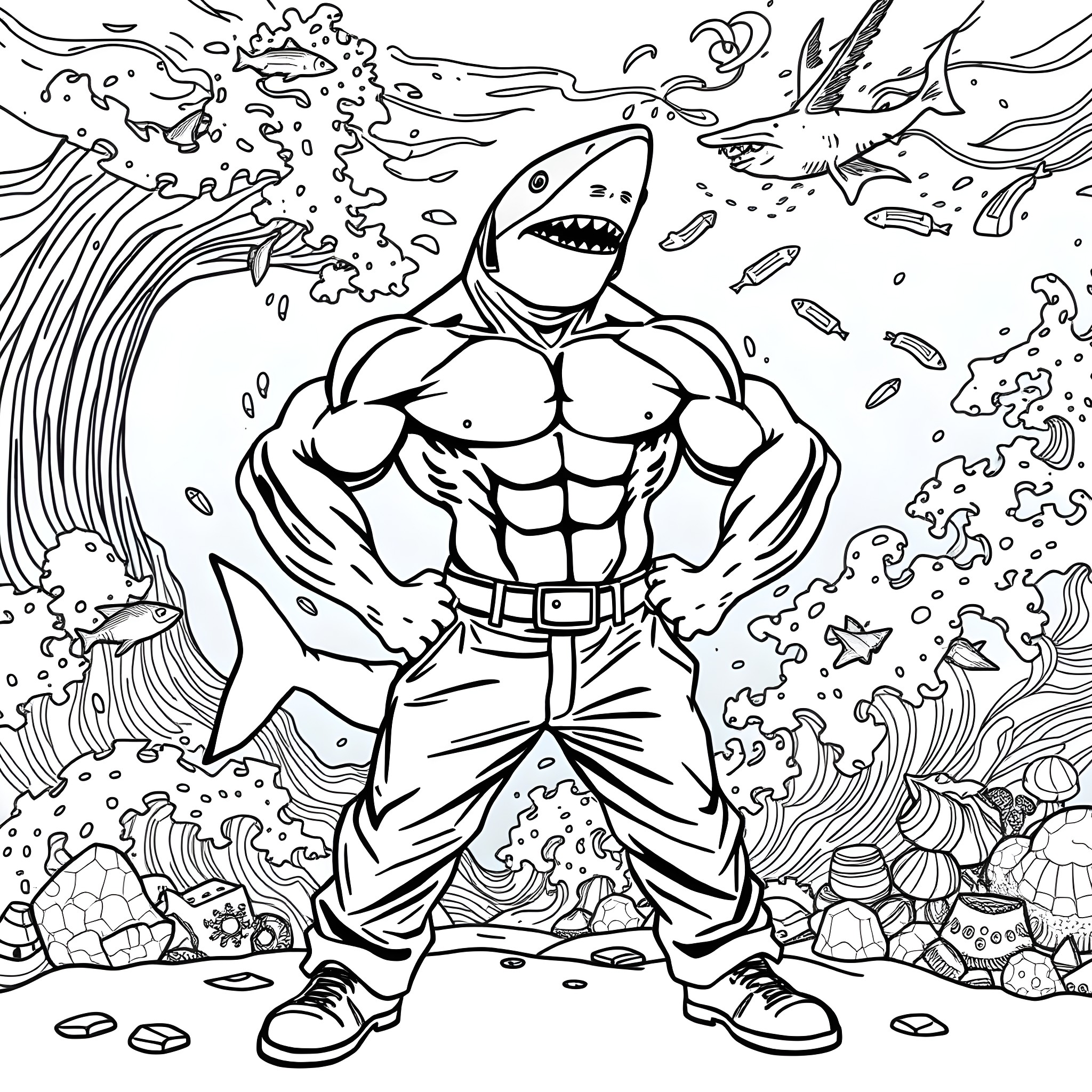 Shark superhero in underwater adventure Coloring Page (free black-and-white line drawing printable PDF for all, from beginners to advanced learners, including children, teens, adults, and seniors)
