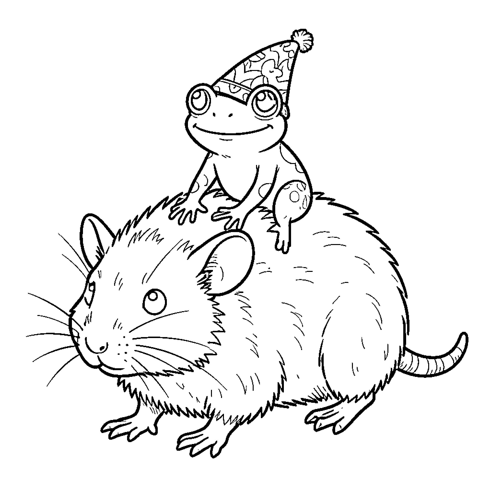 Frog riding a furry creature in playful attire Coloring Page (free black-and-white line drawing printable PDF for all, from beginners to advanced learners, including children, teens, adults, and seniors)
