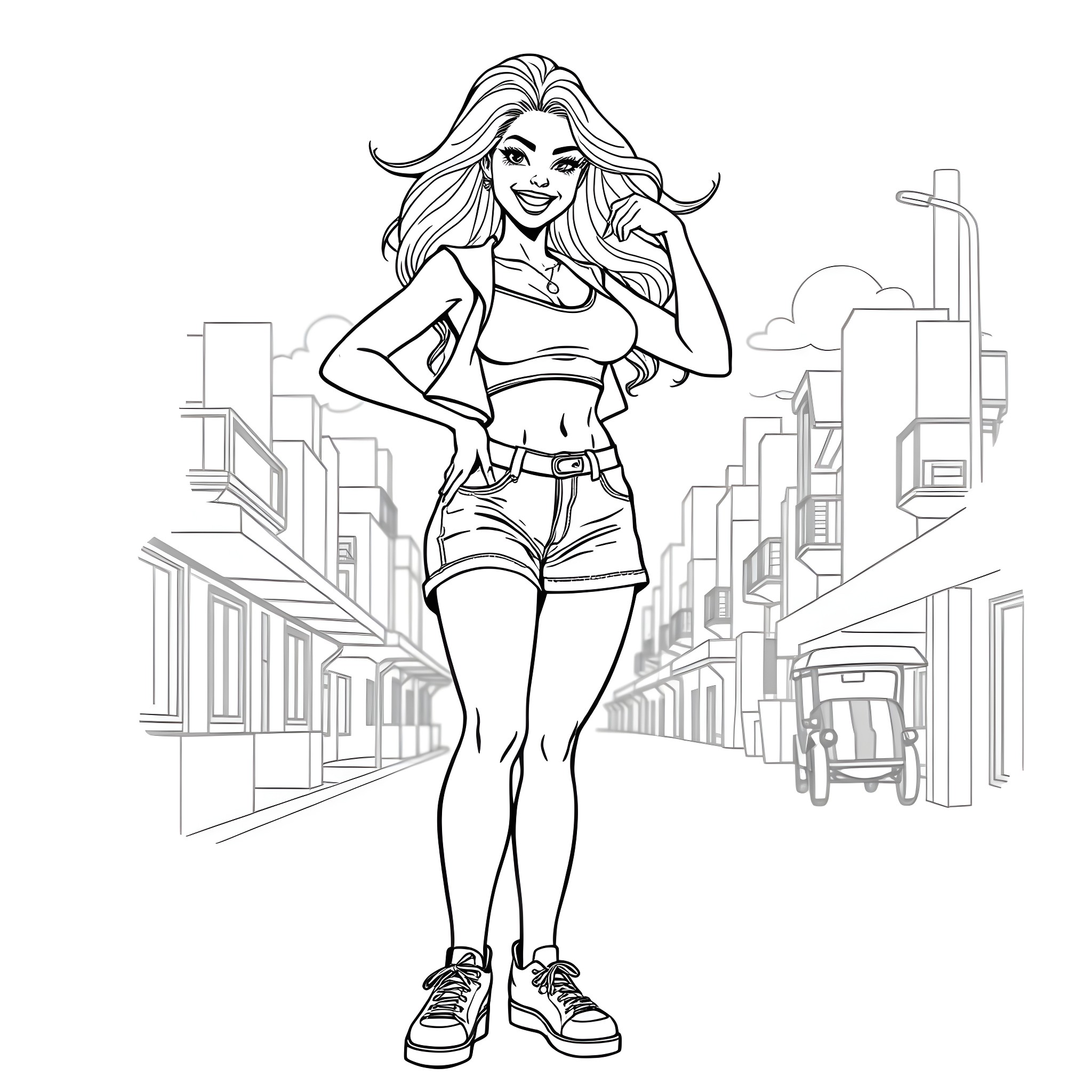 Latina Woman Posing Confidently in Urban Setting Coloring Page (free black-and-white line drawing printable PDF for all, from beginners to advanced learners, including children, teens, adults, and seniors)
