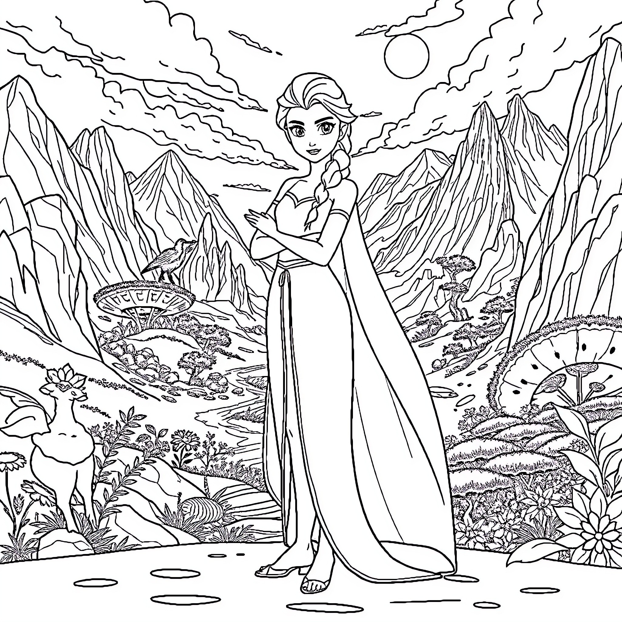 Elsa's Icy Adventure in the Enchanting Landscape Coloring Page (free black-and-white line drawing printable PDF for all, from beginners to advanced learners, including children, teens, adults, and seniors)