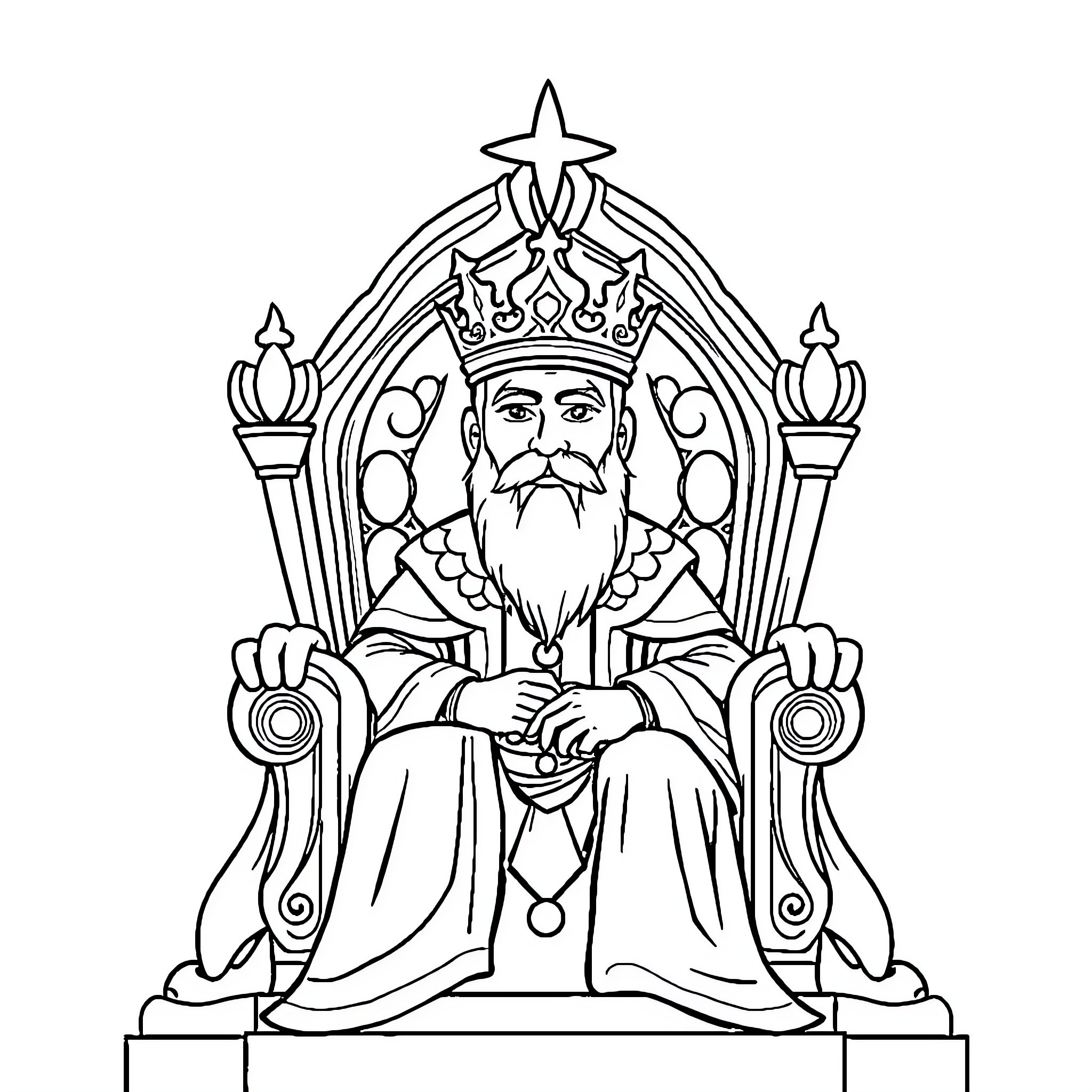 King on Ornate Throne Holding Scepter Coloring Page (free black-and-white line drawing printable PDF for all, from beginners to advanced learners, including children, teens, adults, and seniors)