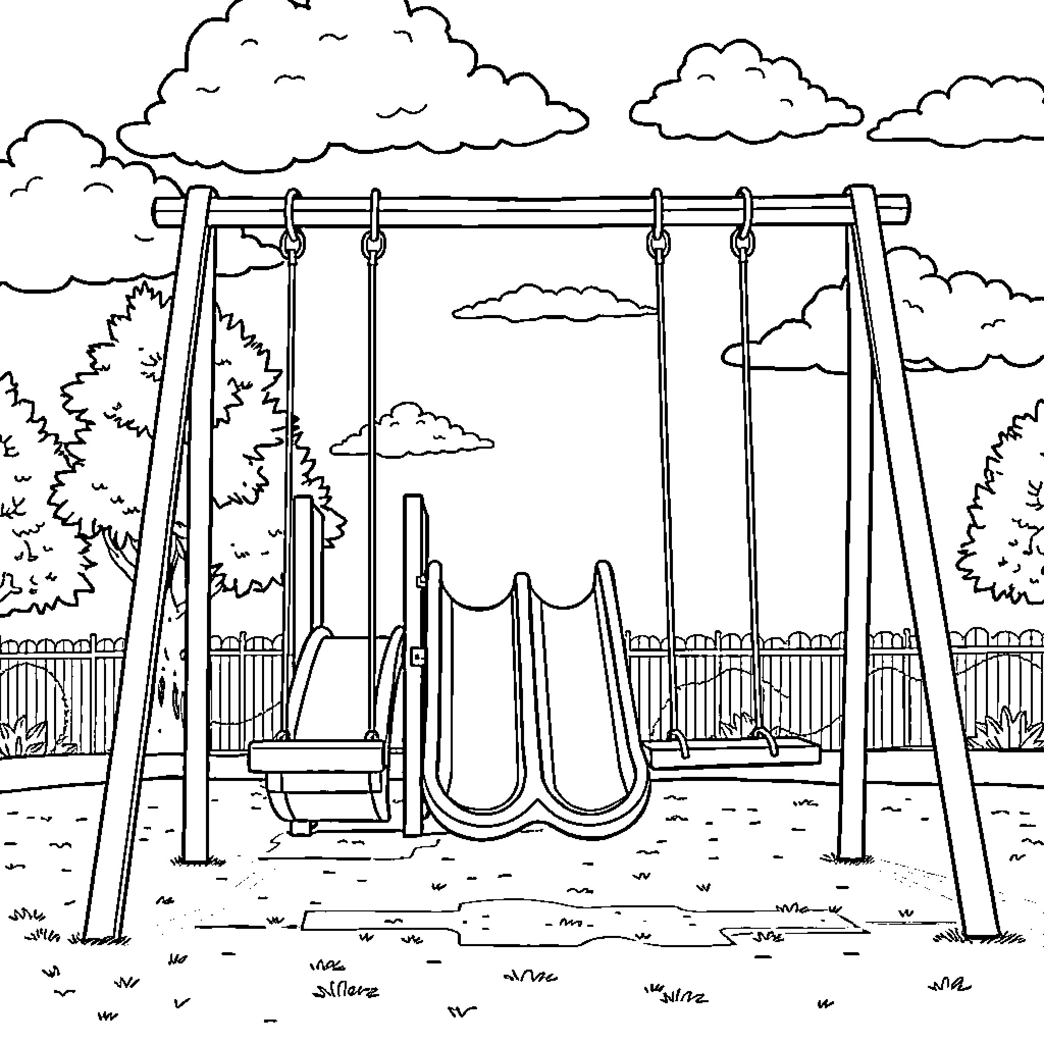Playground with swings and slides in the park Coloring Page (free black-and-white line drawing printable PDF for all, from beginners to advanced learners, including children, teens, adults, and seniors)