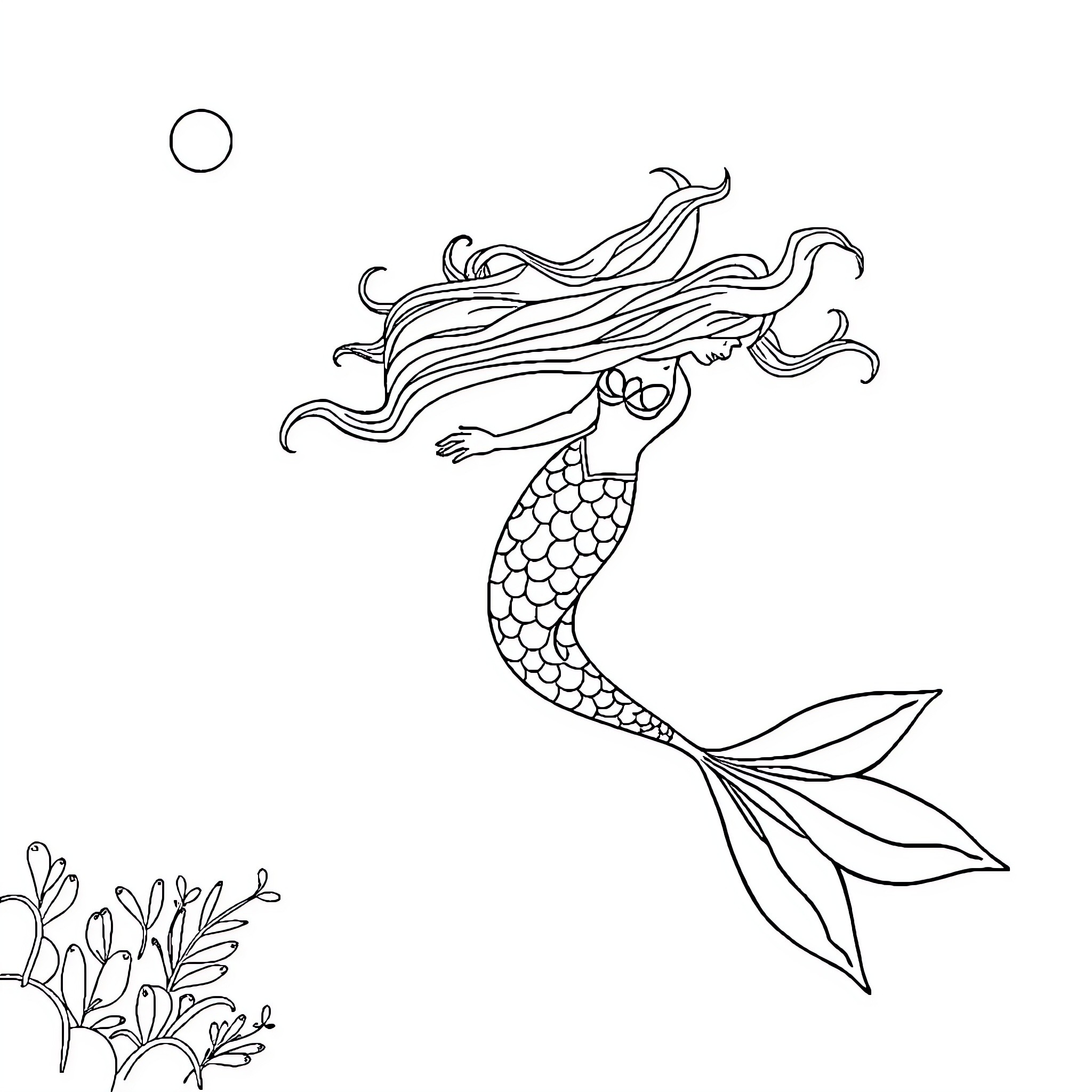 Mermaid swimming gracefully in the sea Coloring Page (free black-and-white line drawing printable PDF for all, from beginners to advanced learners, including children, teens, adults, and seniors)