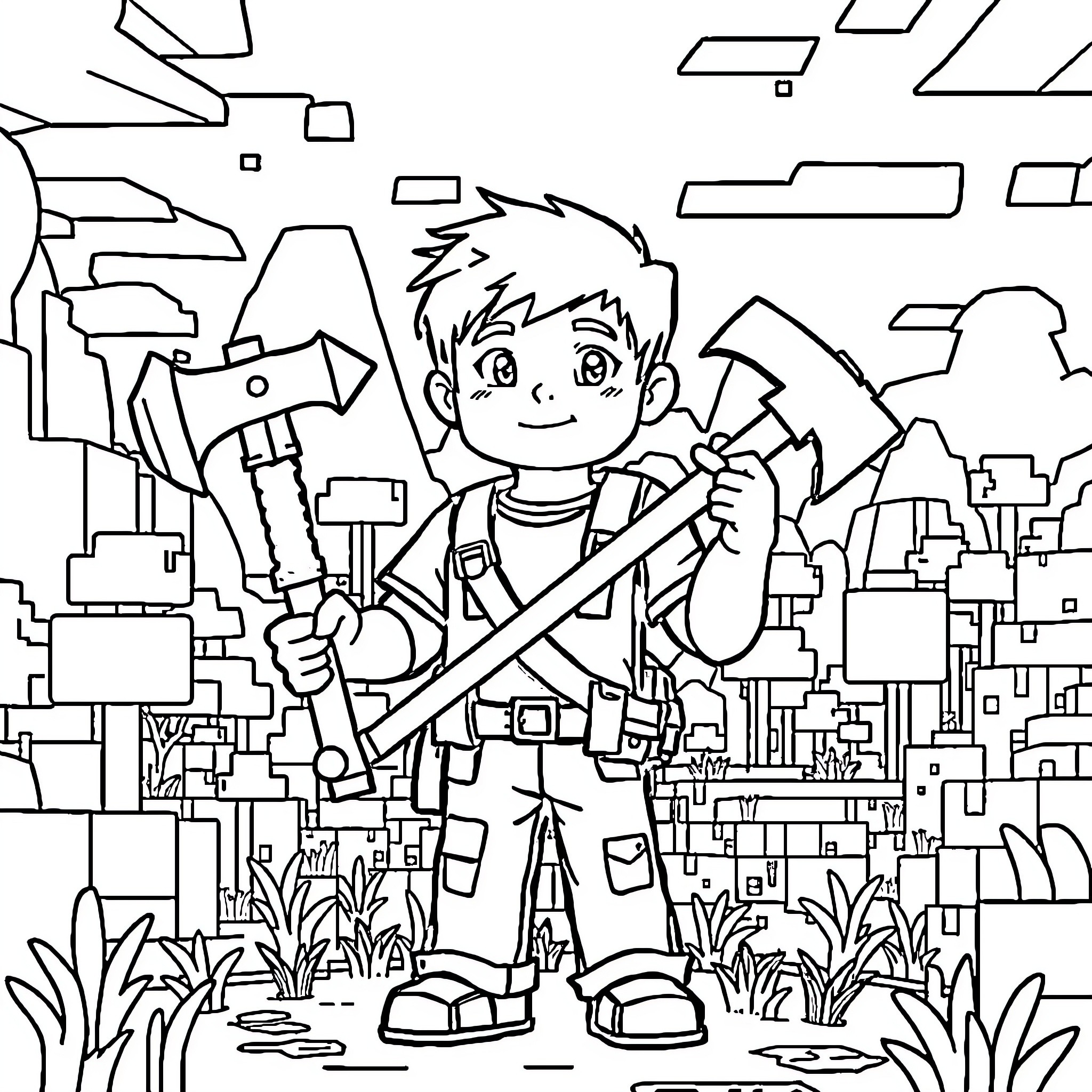 Boy exploring the city with tools Coloring Page (free black-and-white line drawing printable PDF for all, from beginners to advanced learners, including children, teens, adults, and seniors)