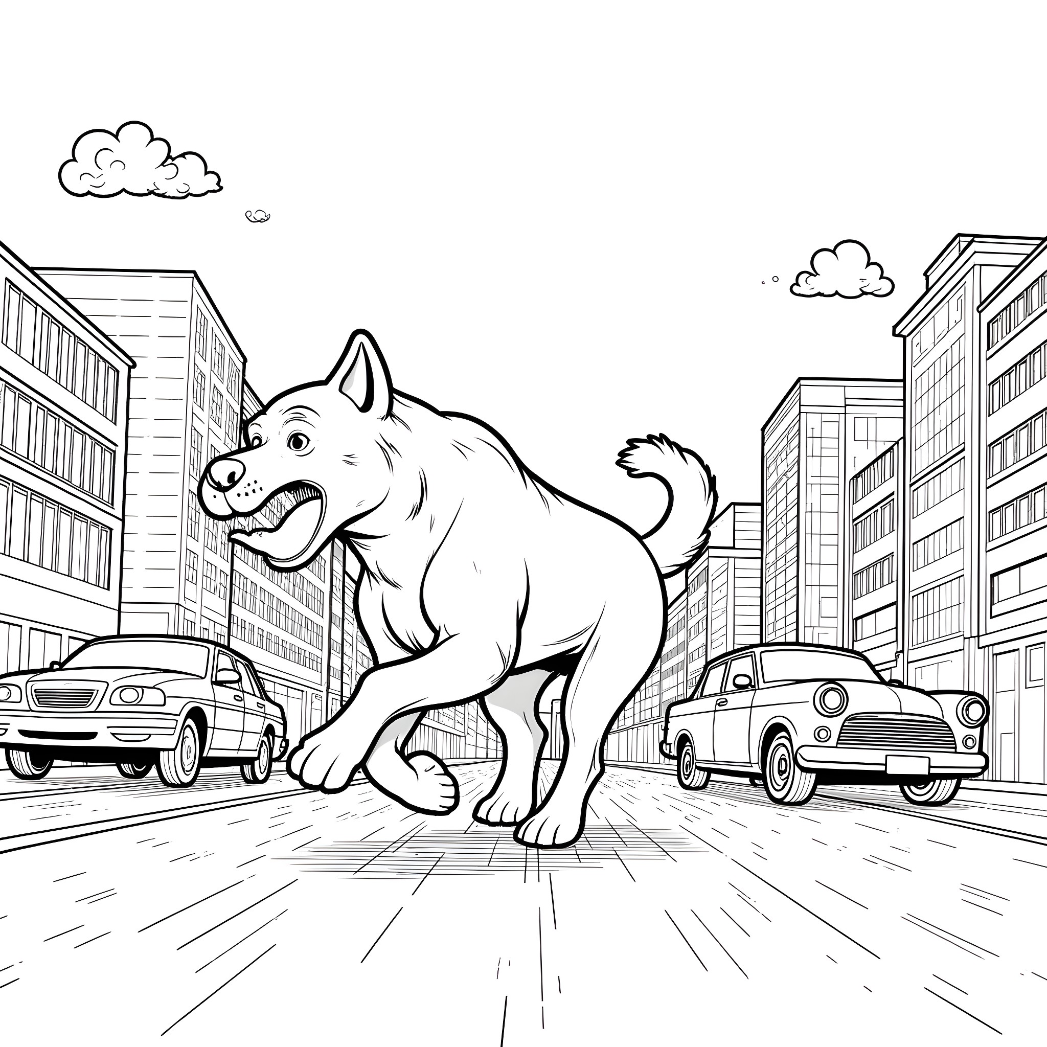 Dog Playing Happily in the City Coloring Page (free black-and-white line drawing printable PDF for all, from beginners to advanced learners, including children, teens, adults, and seniors)