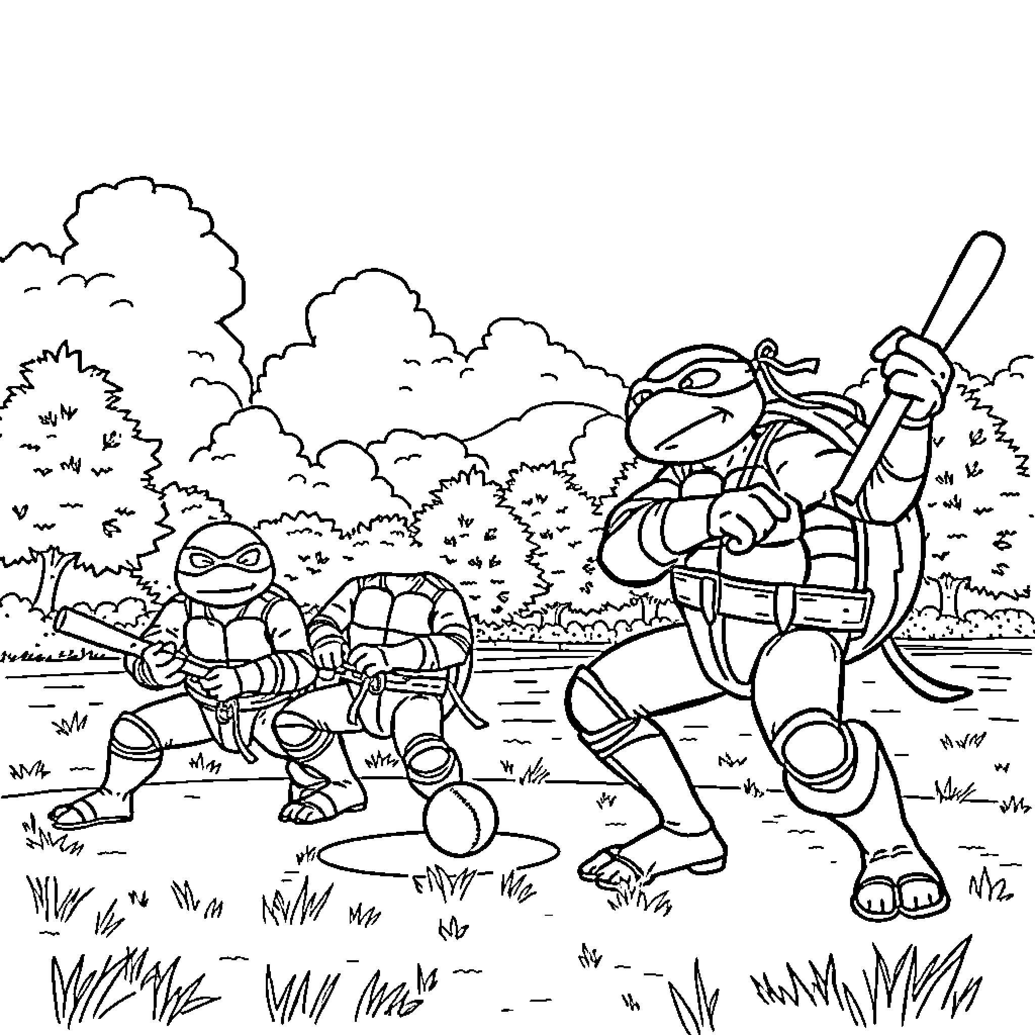 Ninja Turtles exploring the forest Coloring Page (free black-and-white line drawing printable PDF for all, from beginners to advanced learners, including children, teens, adults, and seniors)