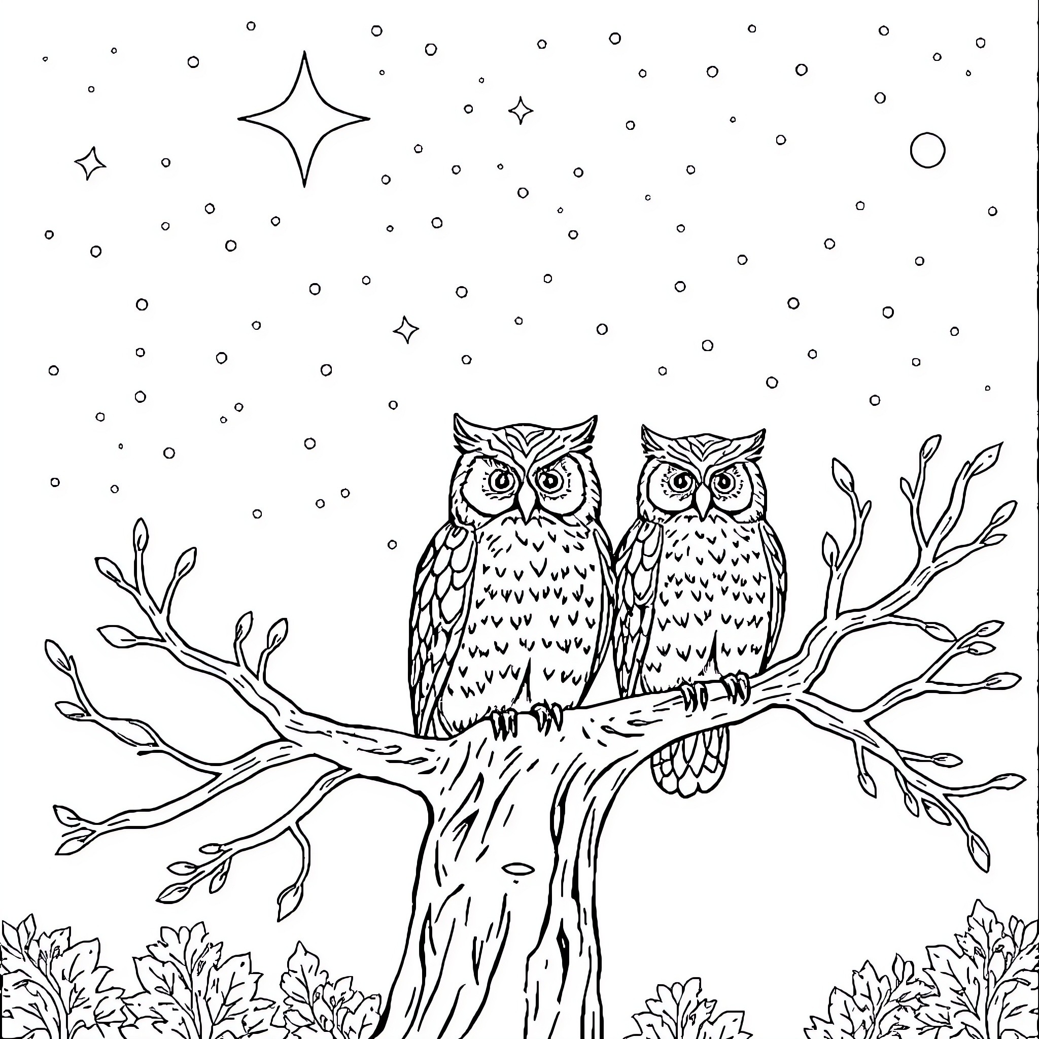 Owl duo perched on starry night branch Coloring Page (free black-and-white line drawing printable PDF for all, from beginners to advanced learners, including children, teens, adults, and seniors)