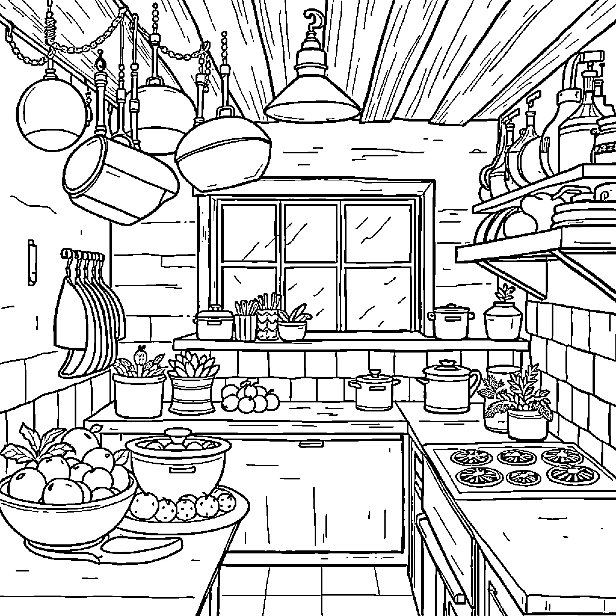 Kitchen Filled with Cooking Utensils and Ingredients Coloring Page (free black-and-white line drawing printable PDF for all, from beginners to advanced learners, including children, teens, adults, and seniors)