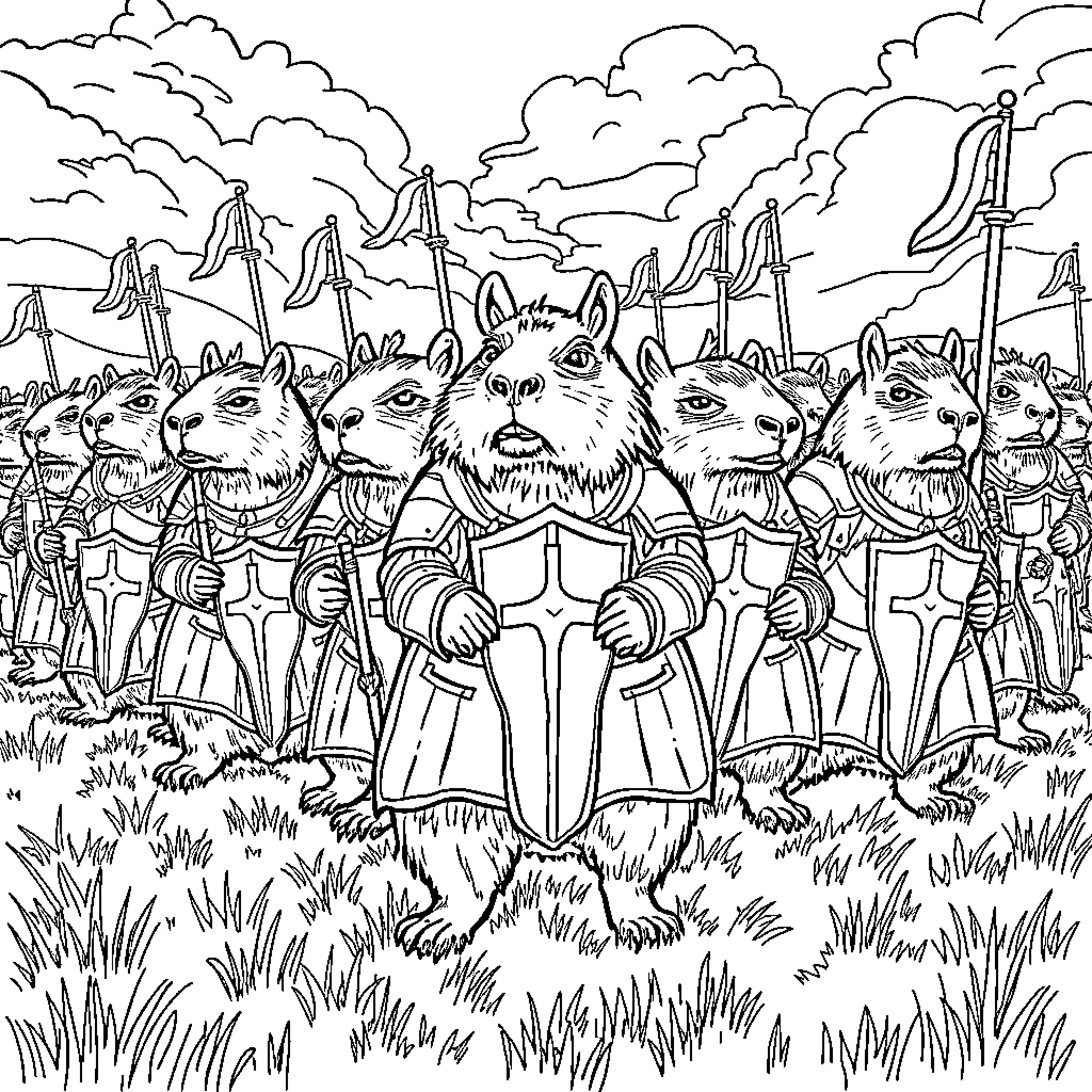 Capybaras in medieval armor leading a parade Coloring Page (free black-and-white line drawing printable PDF for all, from beginners to advanced learners, including children, teens, adults, and seniors)