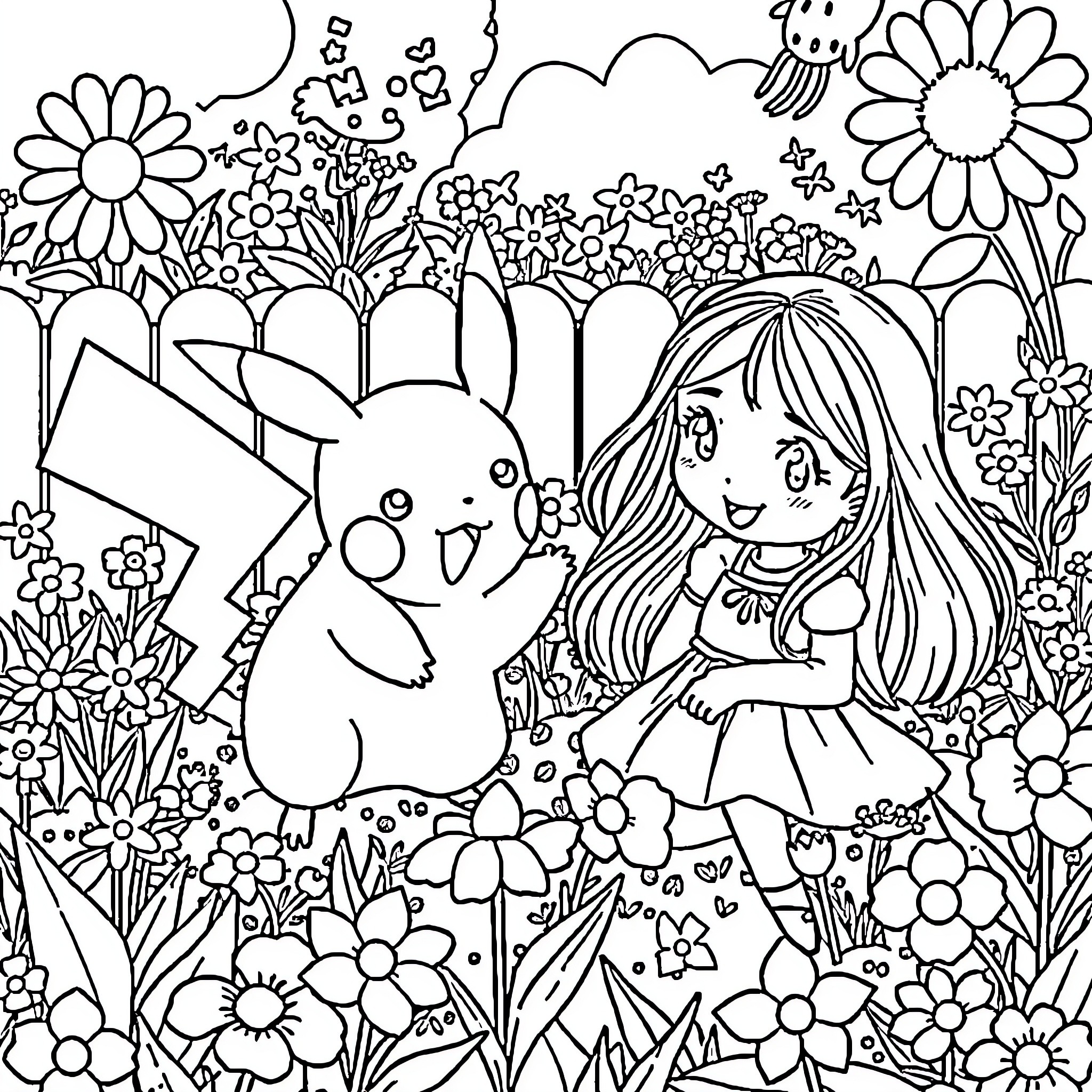 Pikachu and Girl in Floral Garden Coloring Page (free black-and-white line drawing printable PDF for all, from beginners to advanced learners, including children, teens, adults, and seniors)