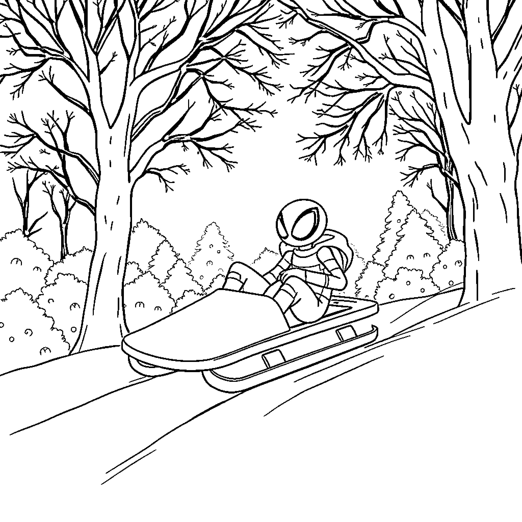 Spidey sleds down snowy slope in winter forest Coloring Page (free black-and-white line drawing printable PDF for all, from beginners to advanced learners, including children, teens, adults, and seniors)