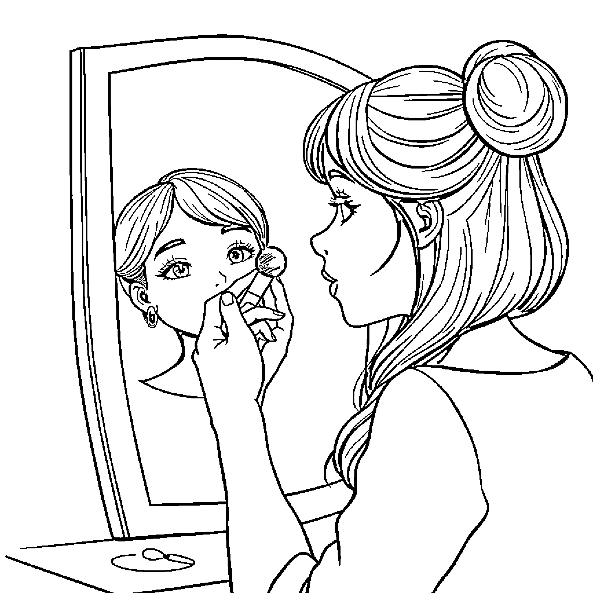Girl applying makeup in front of mirror Coloring Page (free black-and-white line drawing printable PDF for all, from beginners to advanced learners, including children, teens, adults, and seniors)