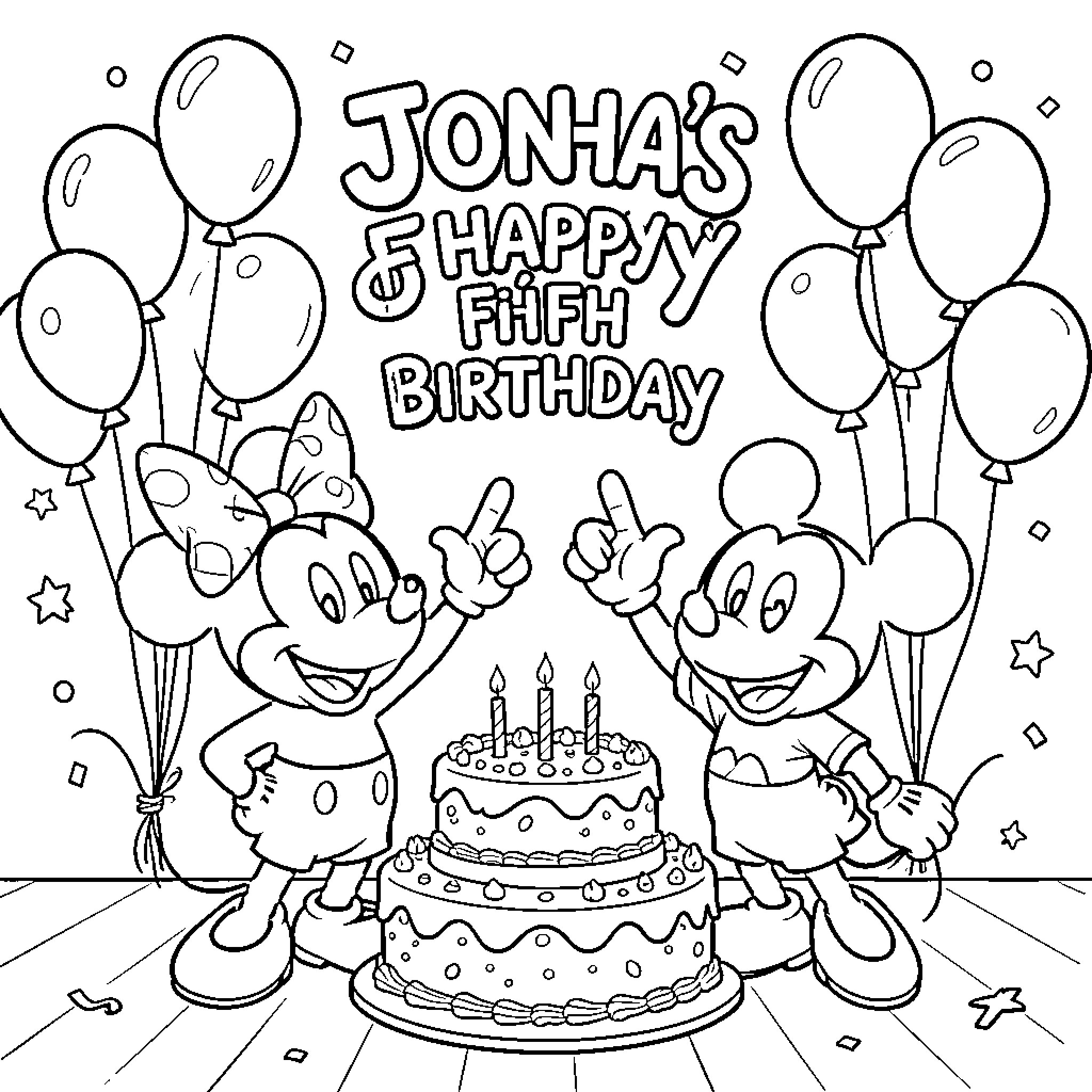 Mickey and Minnie celebrate a happy fifth birthday Coloring Page (free black-and-white line drawing printable PDF for all, from beginners to advanced learners, including children, teens, adults, and seniors)